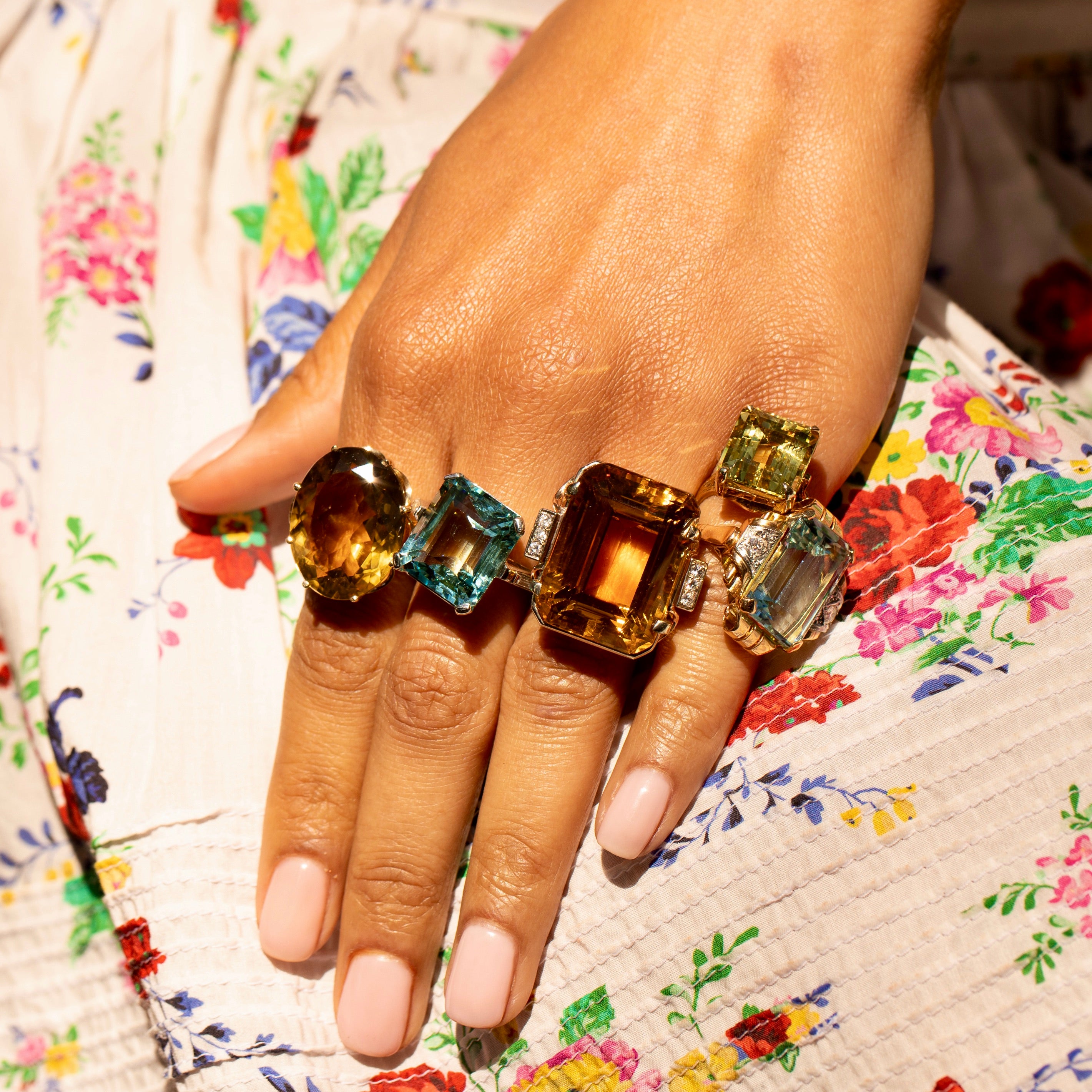 Retro Large Citrine, Diamond, and 14k Gold Cocktail Ring