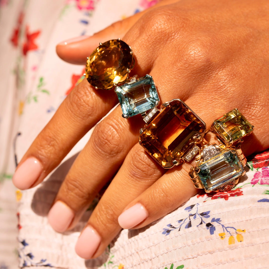 Large Retro Aquamarine, Diamond, 14K Gold, and Platinum Ring