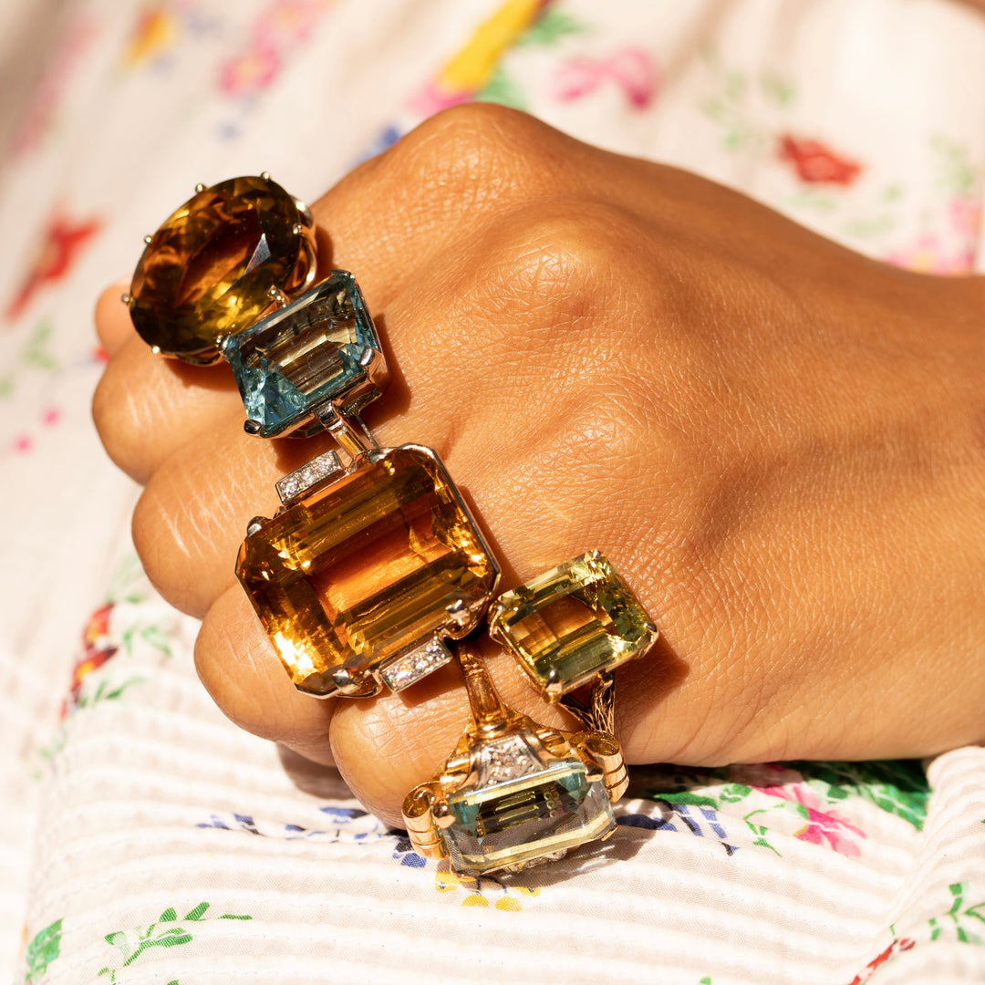 Retro Large Citrine, Diamond, and 14k Gold Cocktail Ring