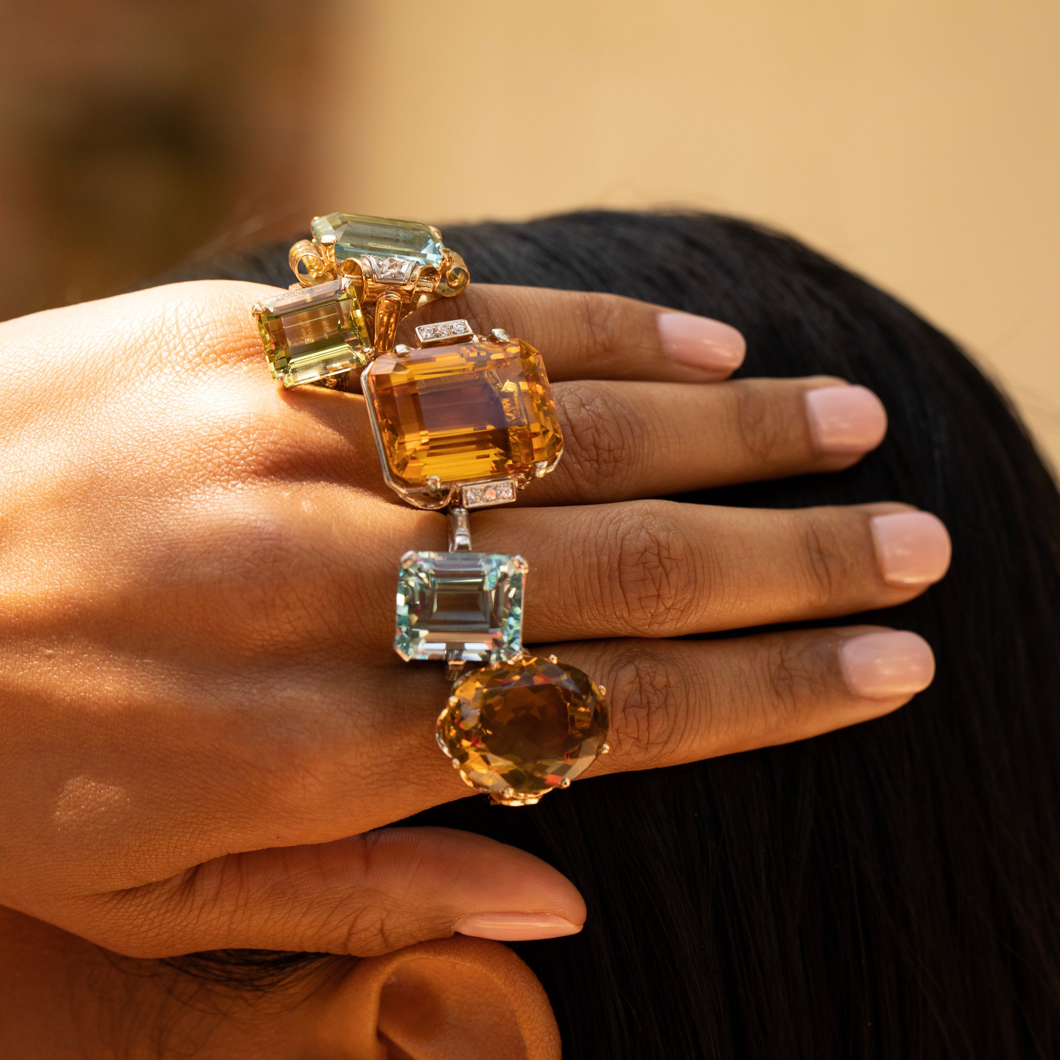 Retro Large Citrine, Diamond, and 14k Gold Cocktail Ring