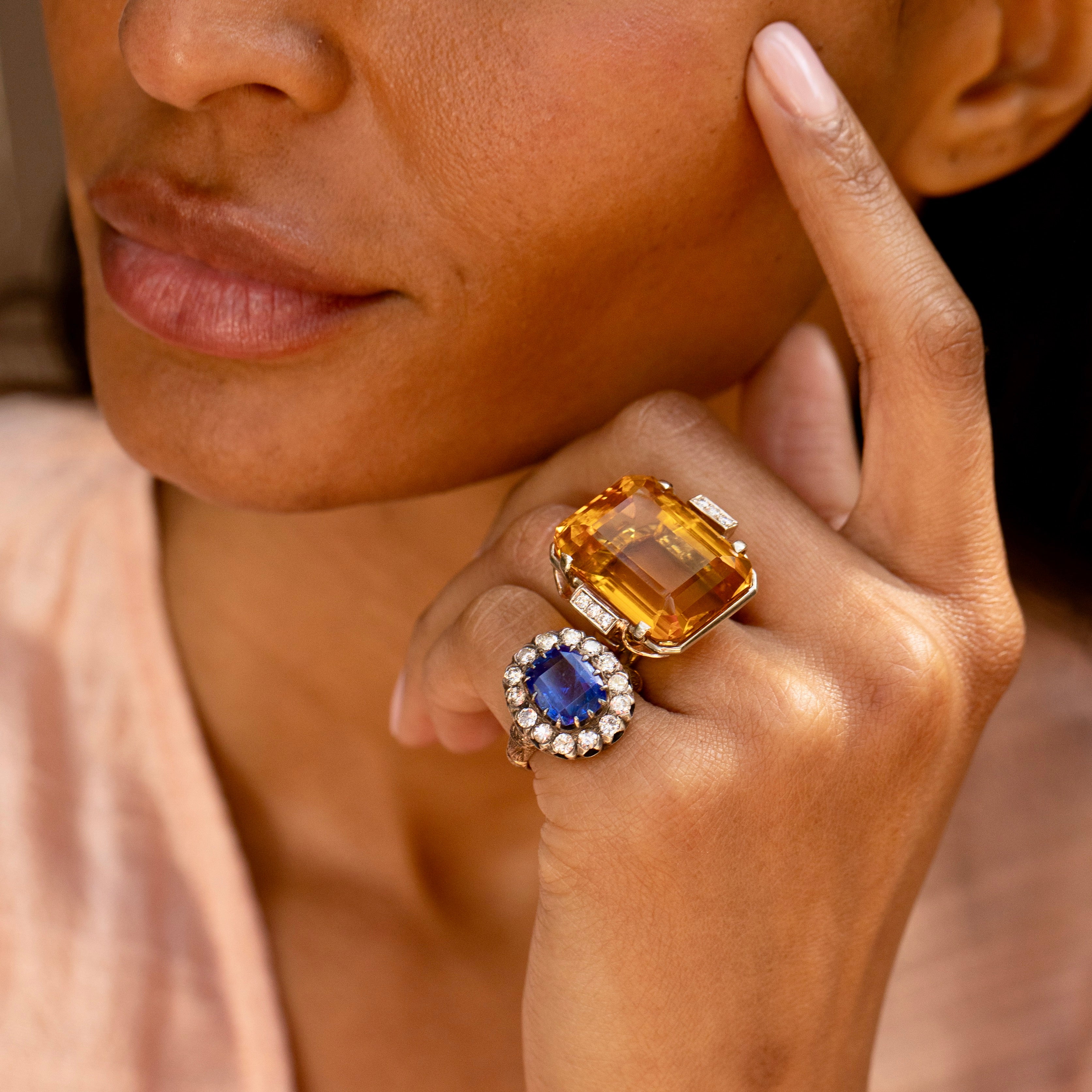 Retro Large Citrine, Diamond, and 14k Gold Cocktail Ring