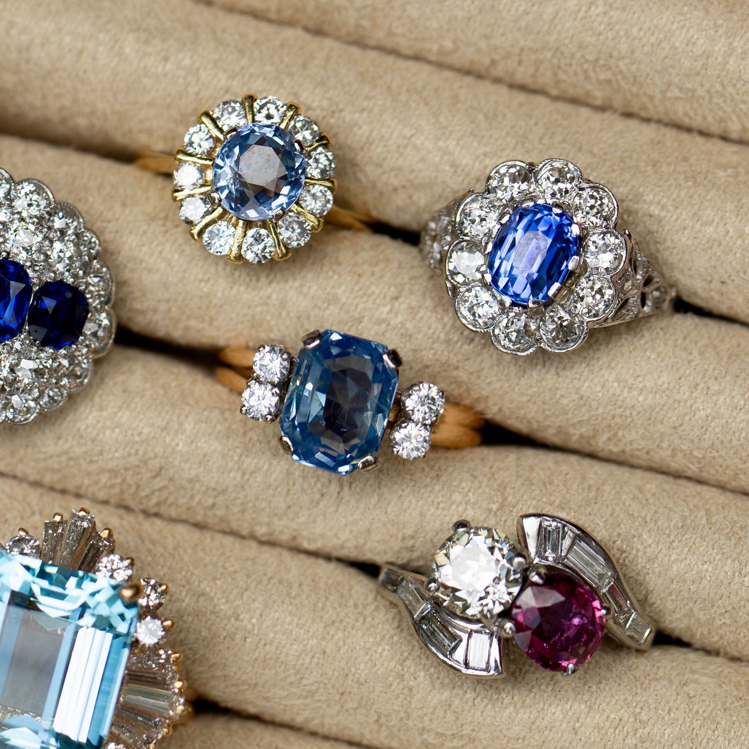 Edwardian Sapphire, Diamond, and Platinum Cluster Ring