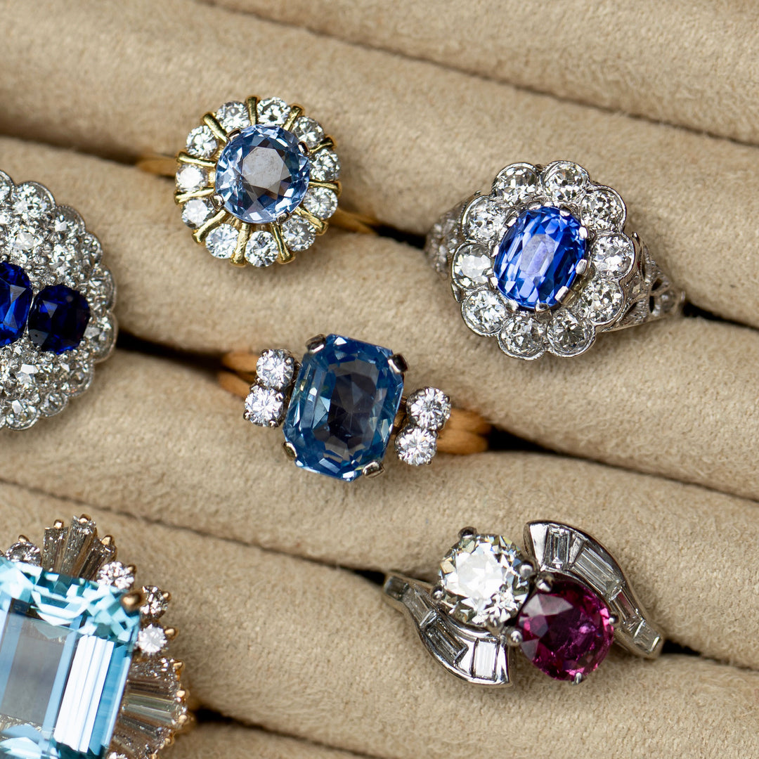Edwardian Sapphire, Diamond, and Platinum Cluster Ring