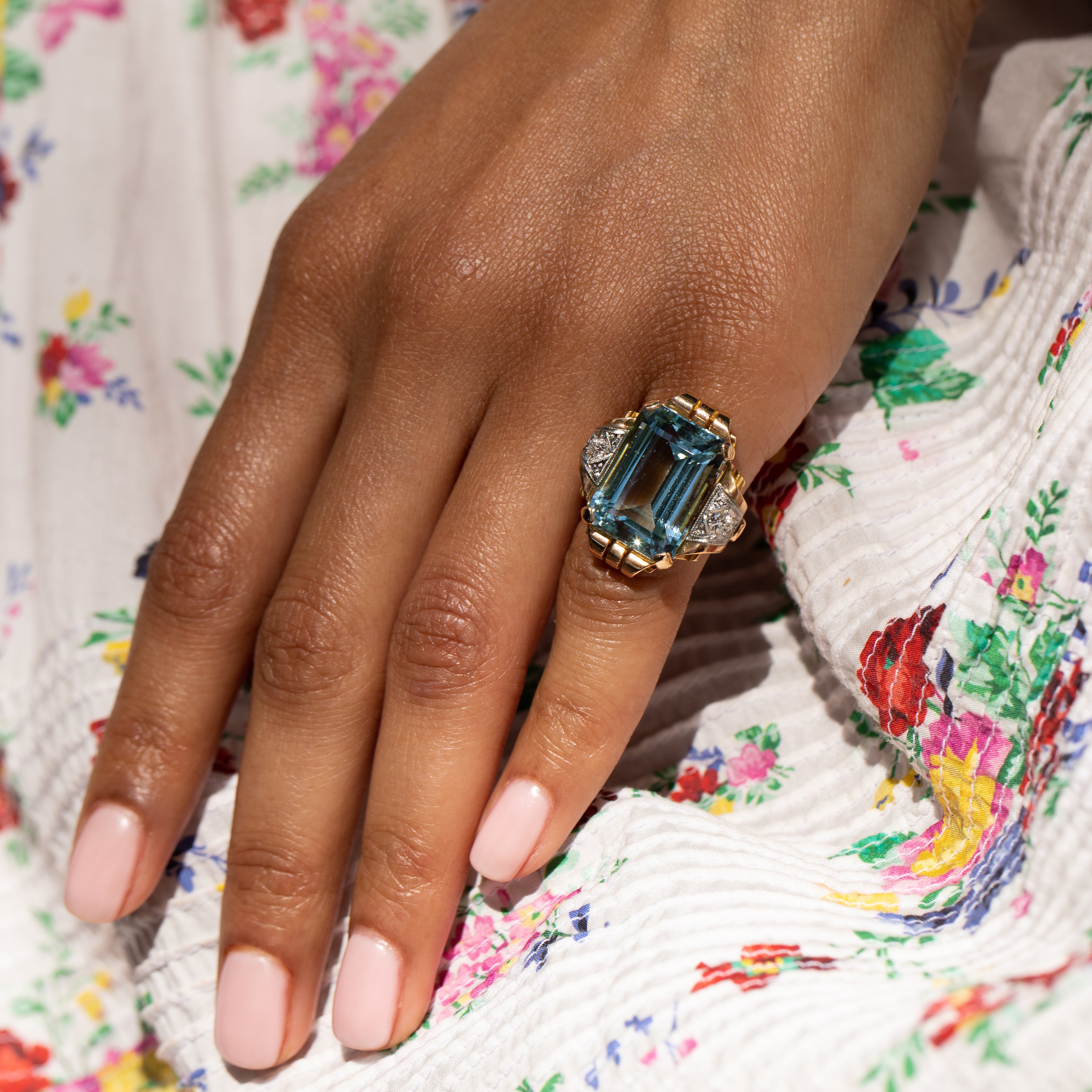 Large Retro Aquamarine, Diamond, 14K Gold, and Platinum Ring