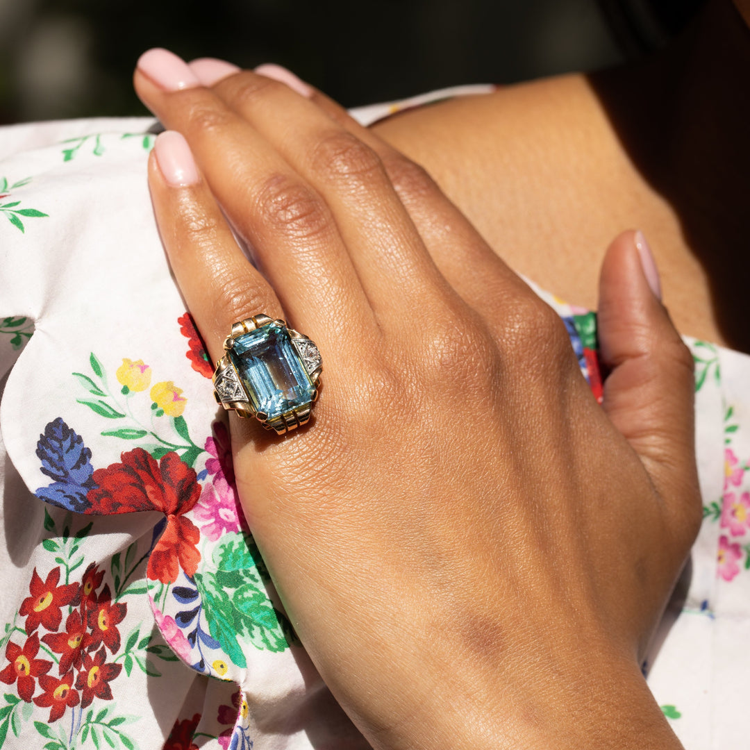 Large Retro Aquamarine, Diamond, 14K Gold, and Platinum Ring