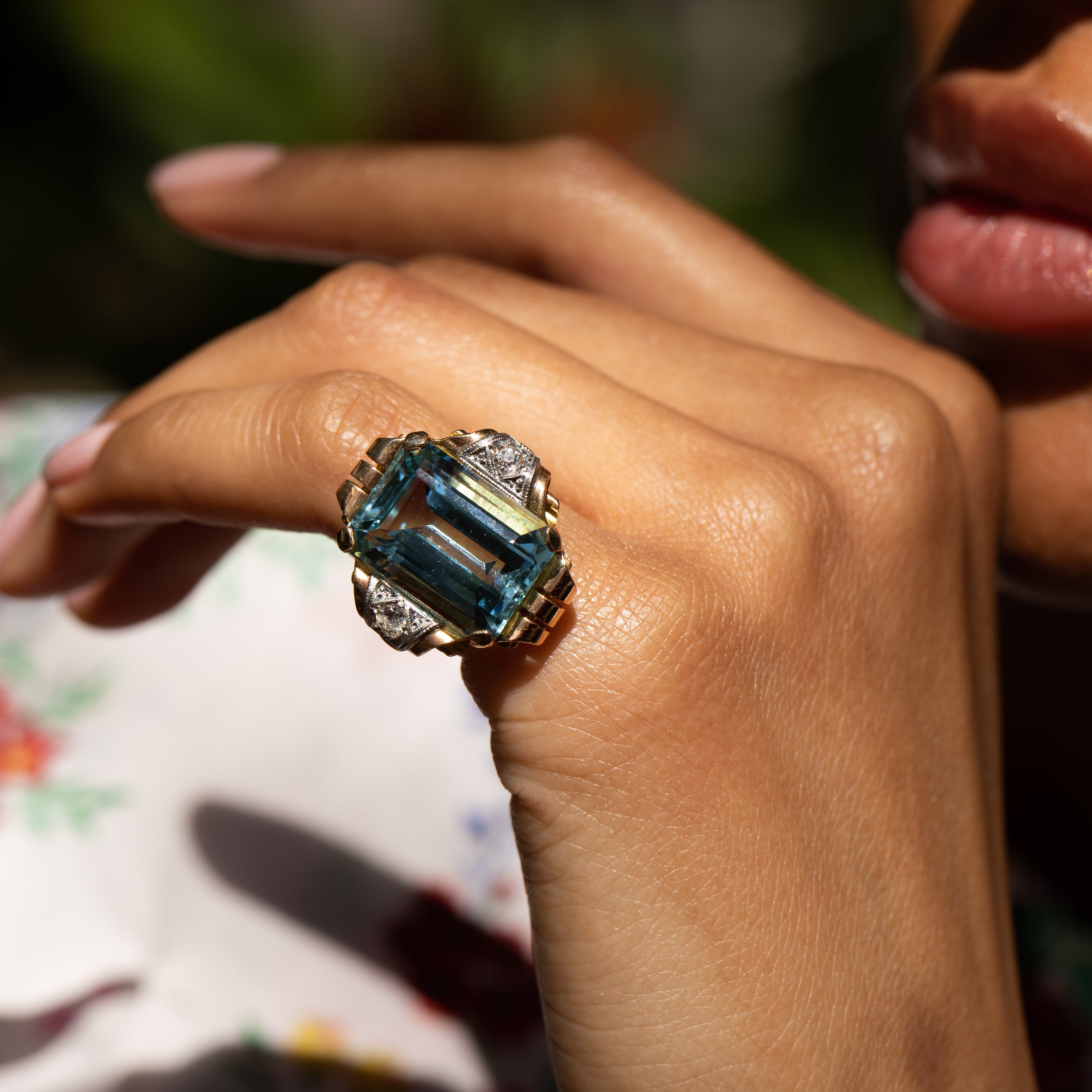 Large Retro Aquamarine, Diamond, 14K Gold, and Platinum Ring