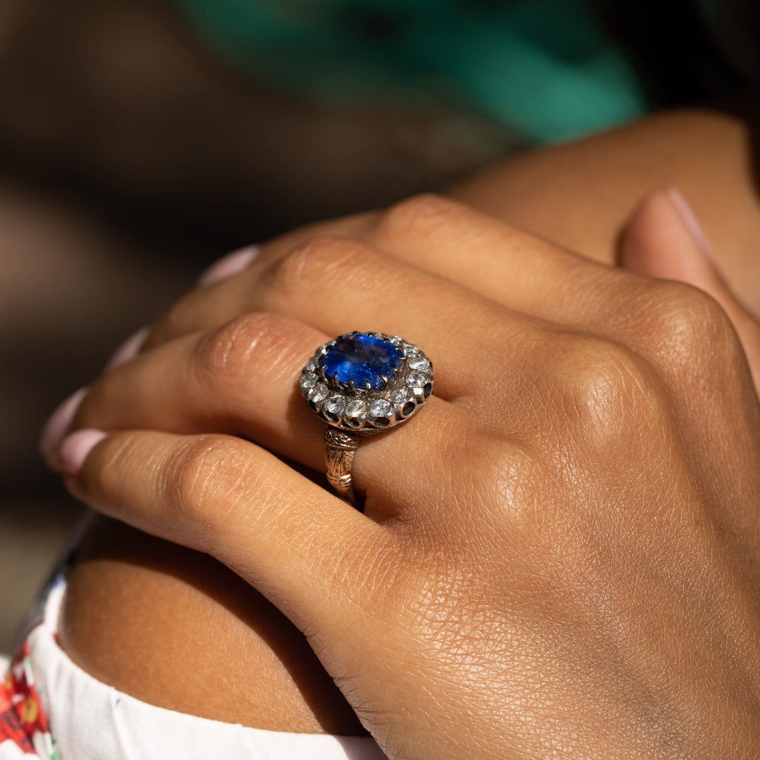 Large Sapphire, Diamond, Silver, and 14K Yellow Gold Cluster Ring