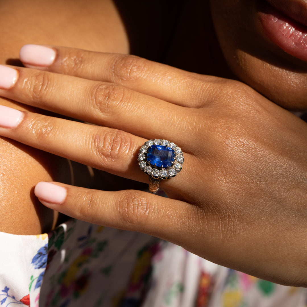 Large Sapphire, Diamond, Silver, and 14K Yellow Gold Cluster Ring