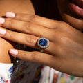 Large Sapphire, Diamond, Silver, and 14K Yellow Gold Cluster Ring