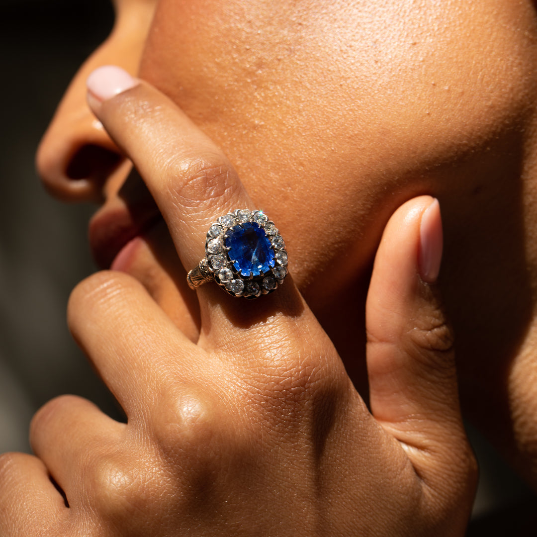 Large Sapphire, Diamond, Silver, and 14K Yellow Gold Cluster Ring