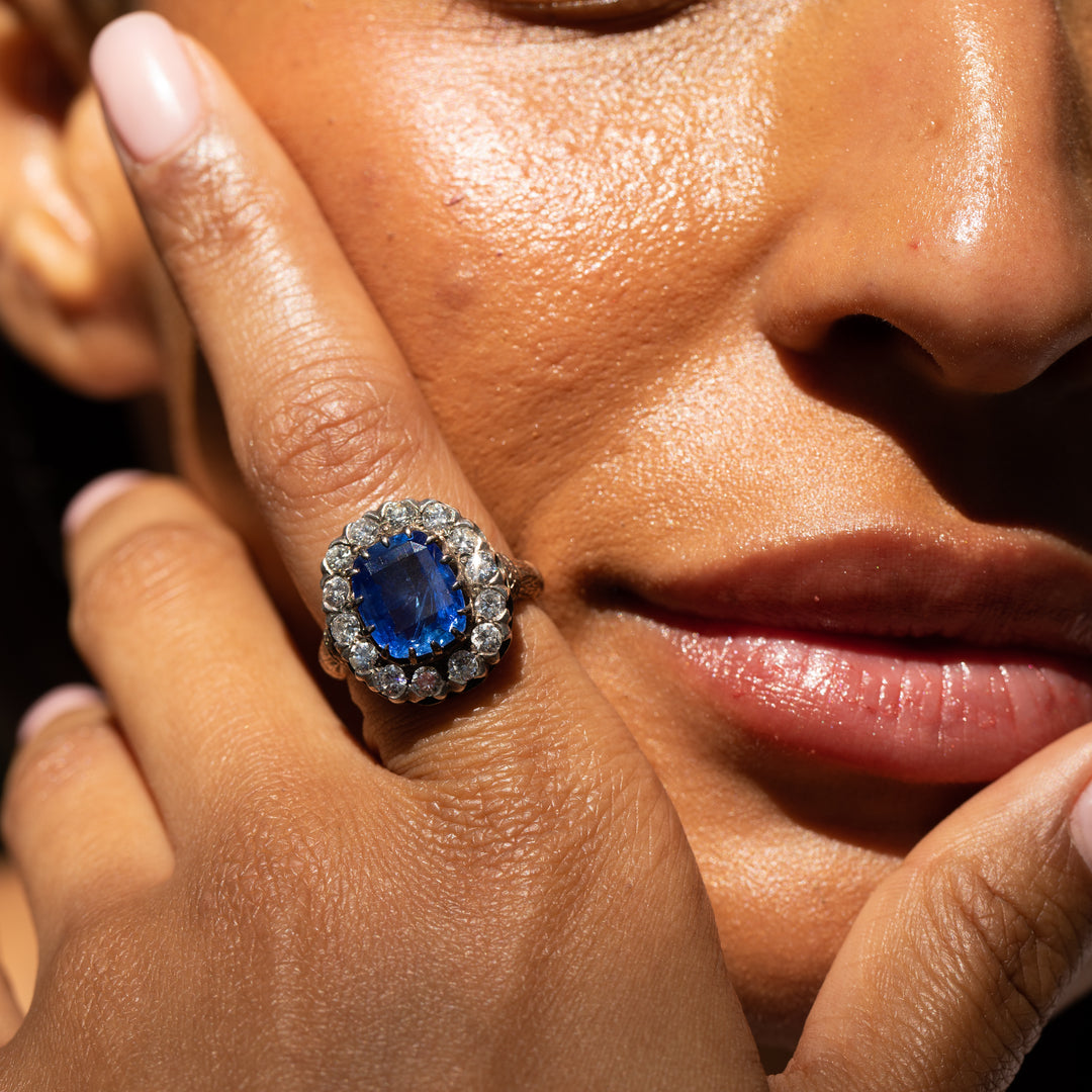 Large Sapphire, Diamond, Silver, and 14K Yellow Gold Cluster Ring