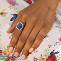 Large Sapphire, Diamond, Silver, and 14K Yellow Gold Cluster Ring