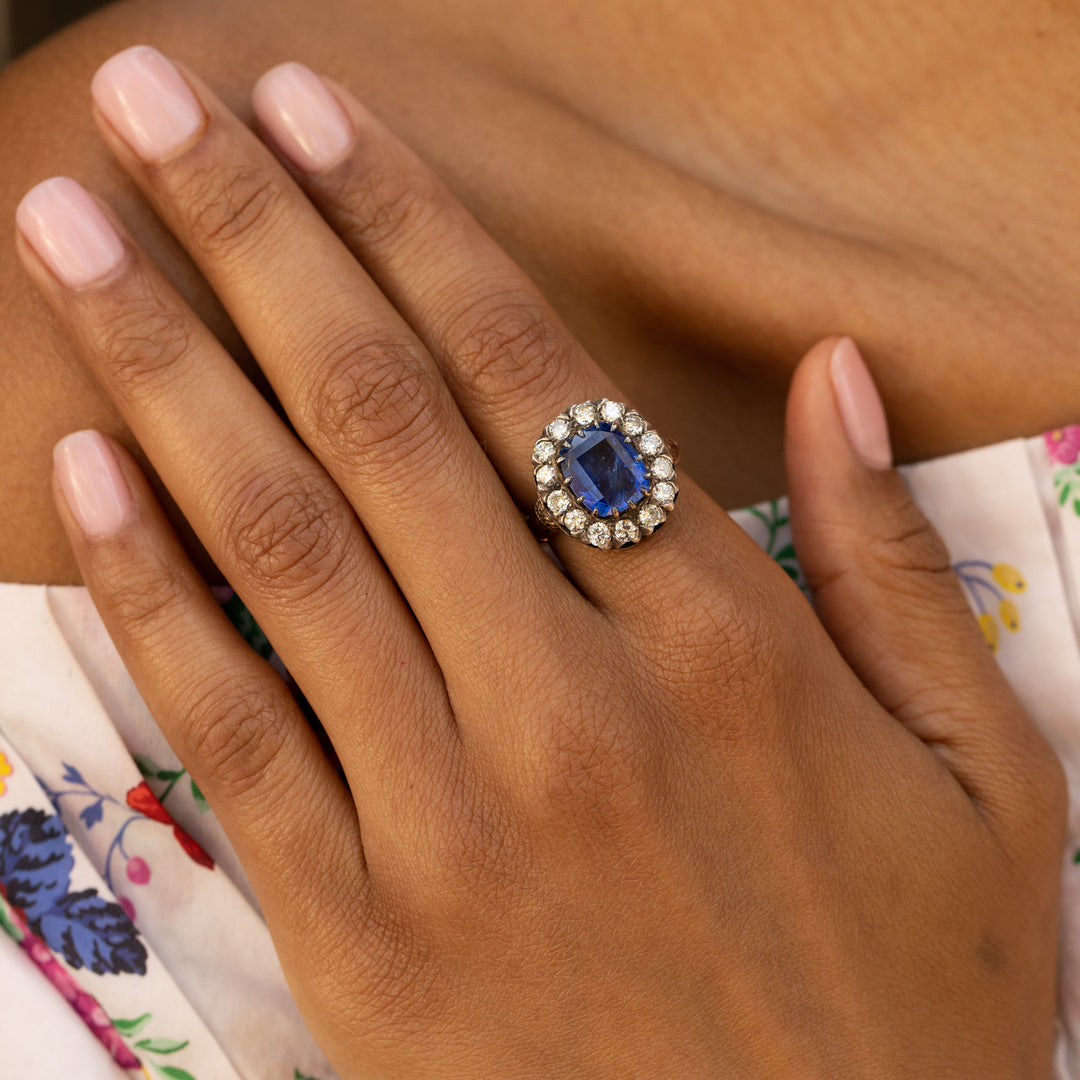 Large Sapphire, Diamond, Silver, and 14K Yellow Gold Cluster Ring