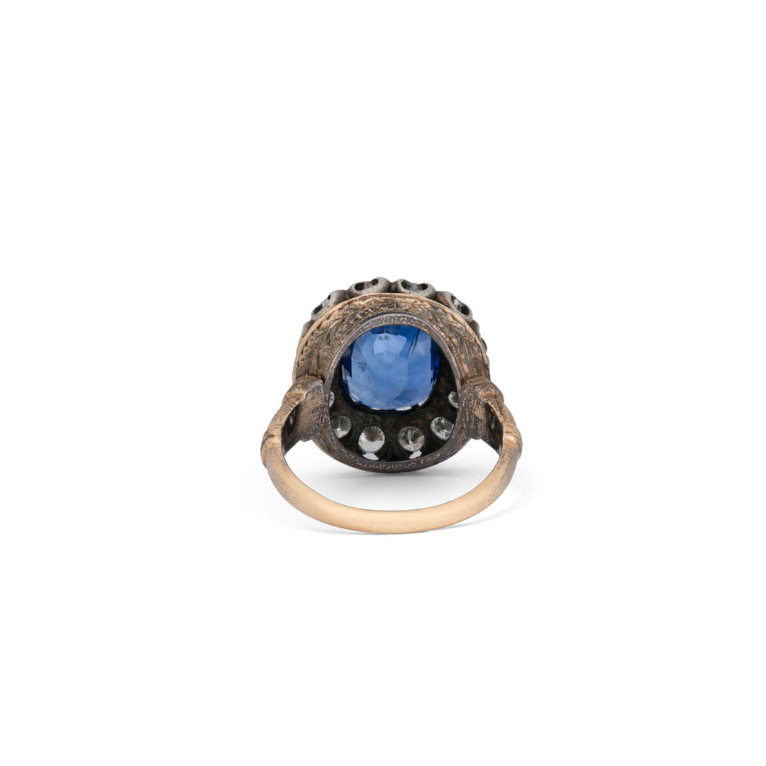 Large Sapphire, Diamond, Silver, and 14K Yellow Gold Cluster Ring
