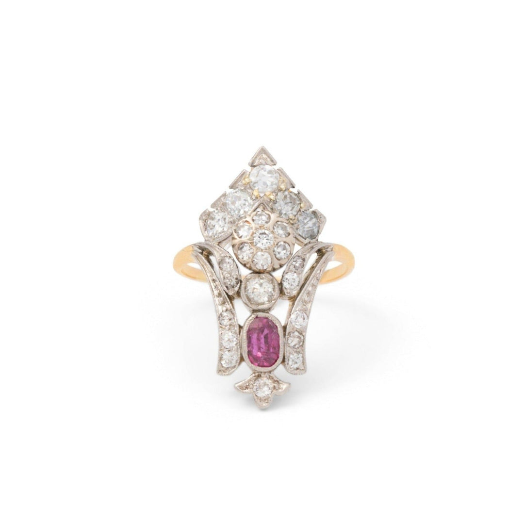 Early 20th Century Diamond, Ruby, and Platinum Topped 14K Gold Ring