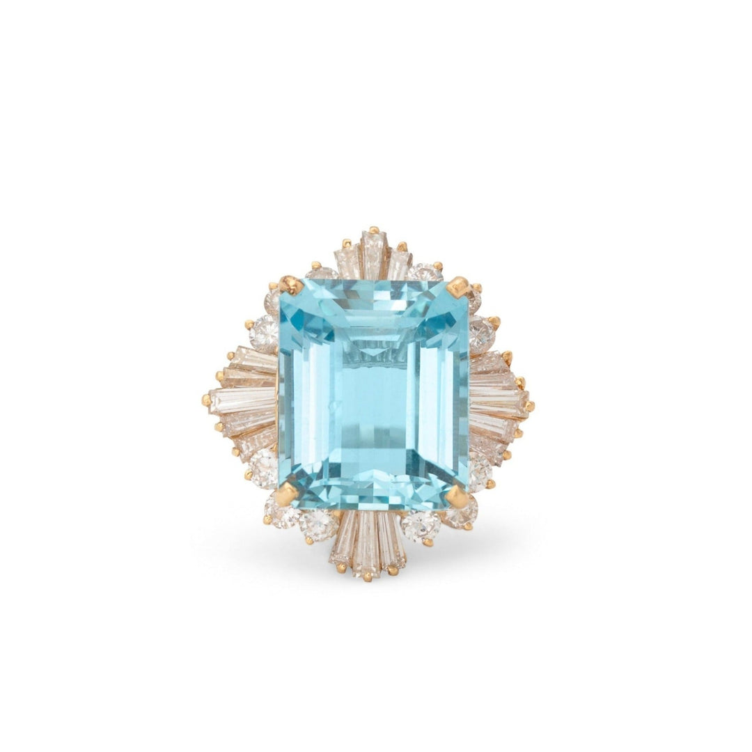 Large Aquamarine, Diamond, and 18K Gold Ring