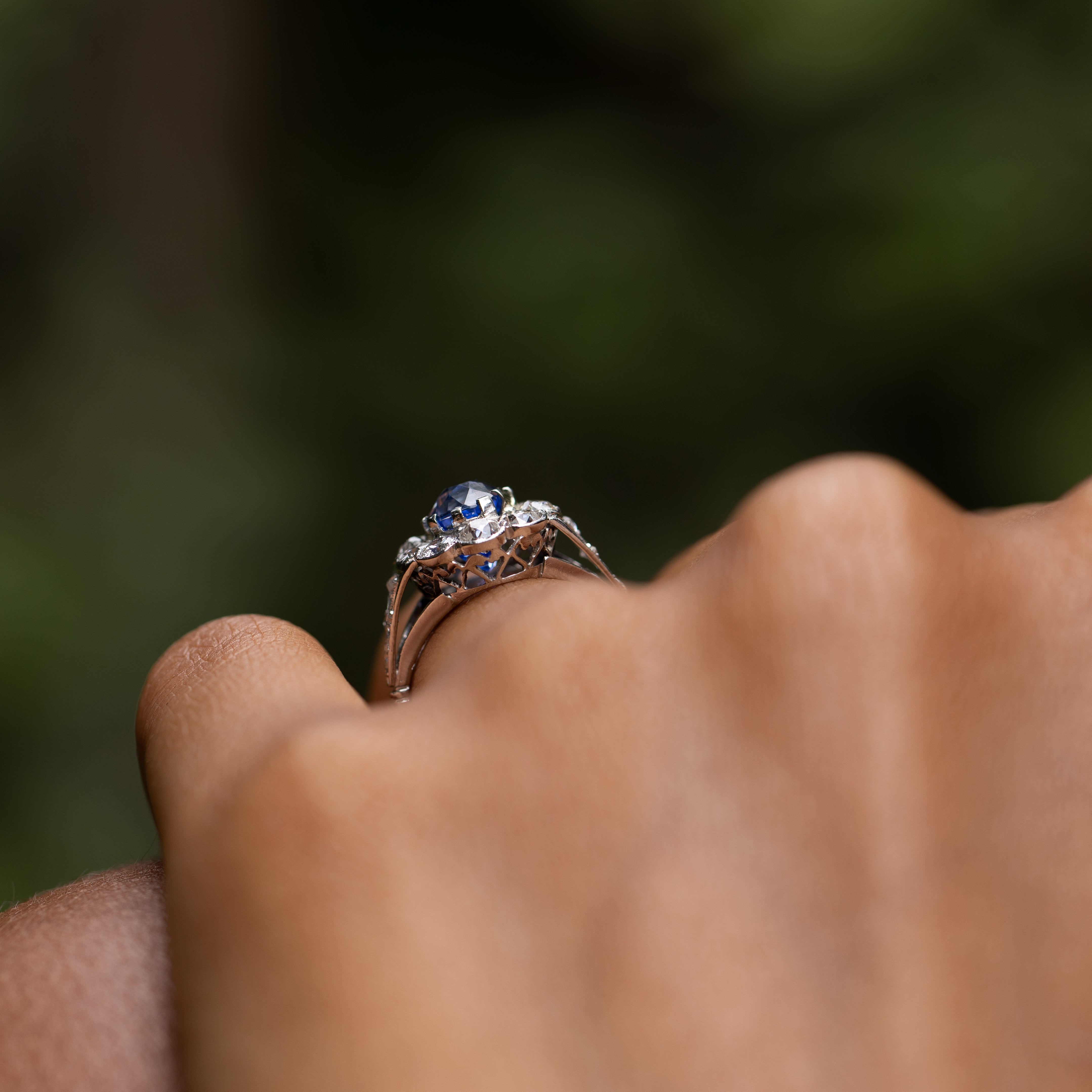 Edwardian Sapphire, Diamond, and Platinum Cluster Ring