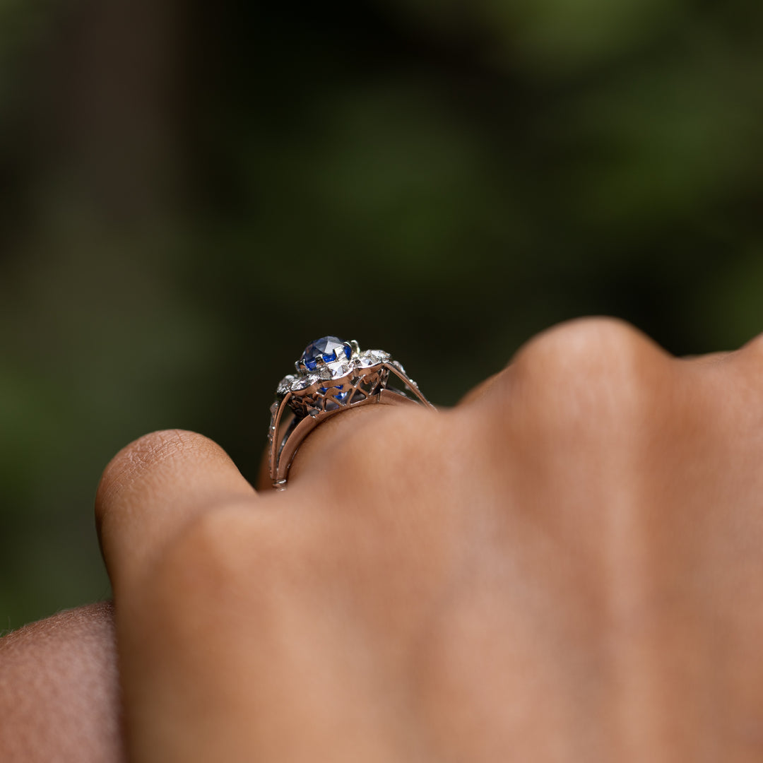 Edwardian Sapphire, Diamond, and Platinum Cluster Ring