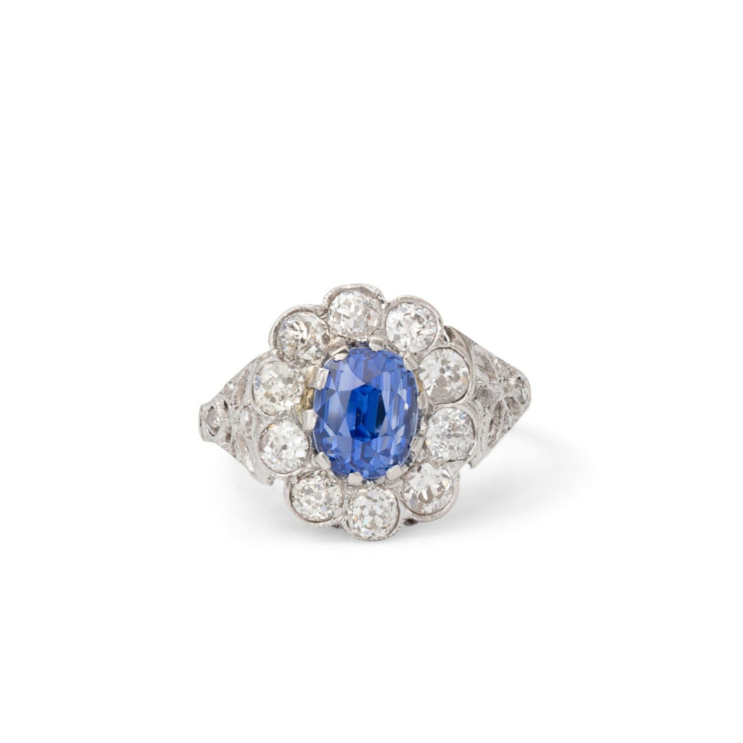 Edwardian Sapphire, Diamond, and Platinum Cluster Ring