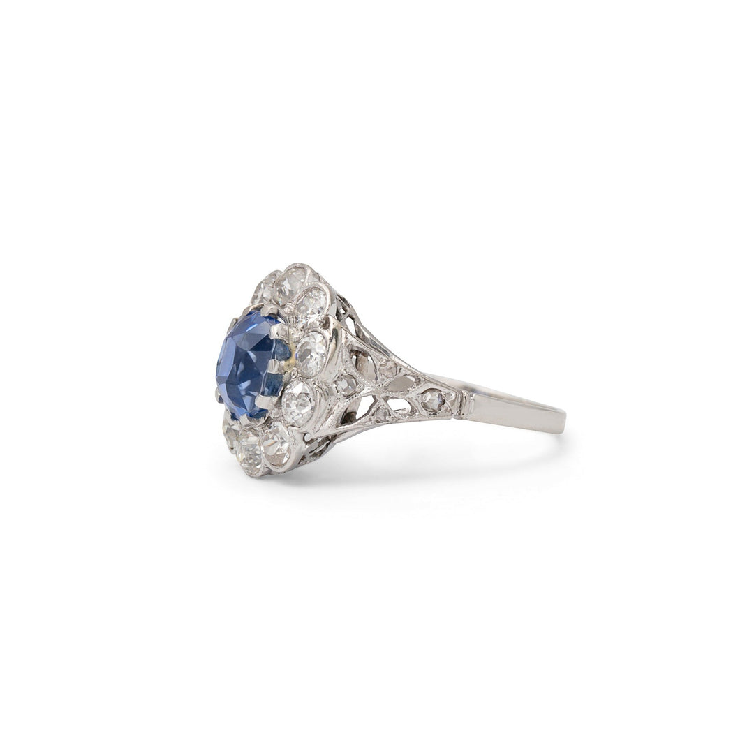 Edwardian Sapphire, Diamond, and Platinum Cluster Ring