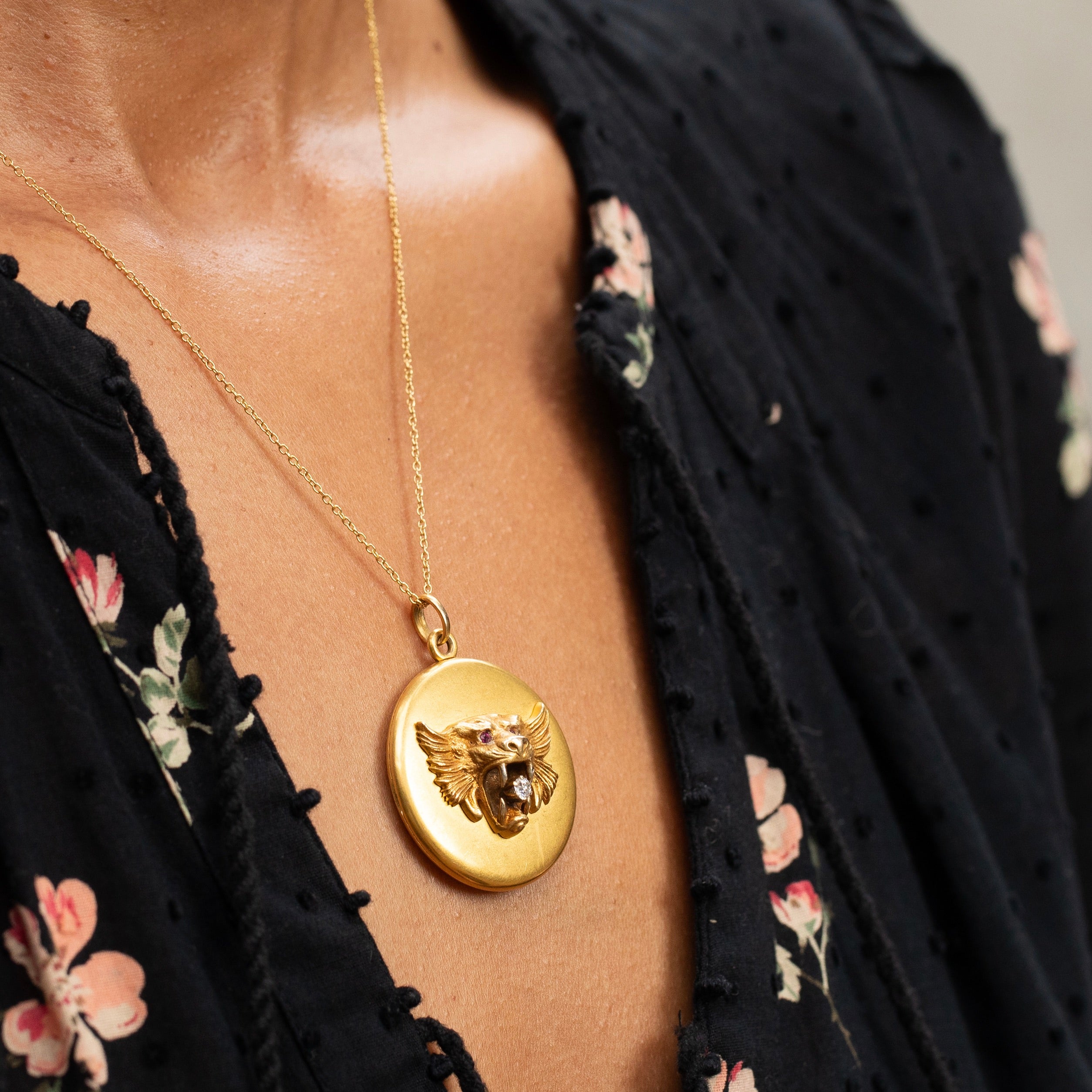 Victorian Lion's Head 14K Gold, Diamond, and Ruby Locket Necklace