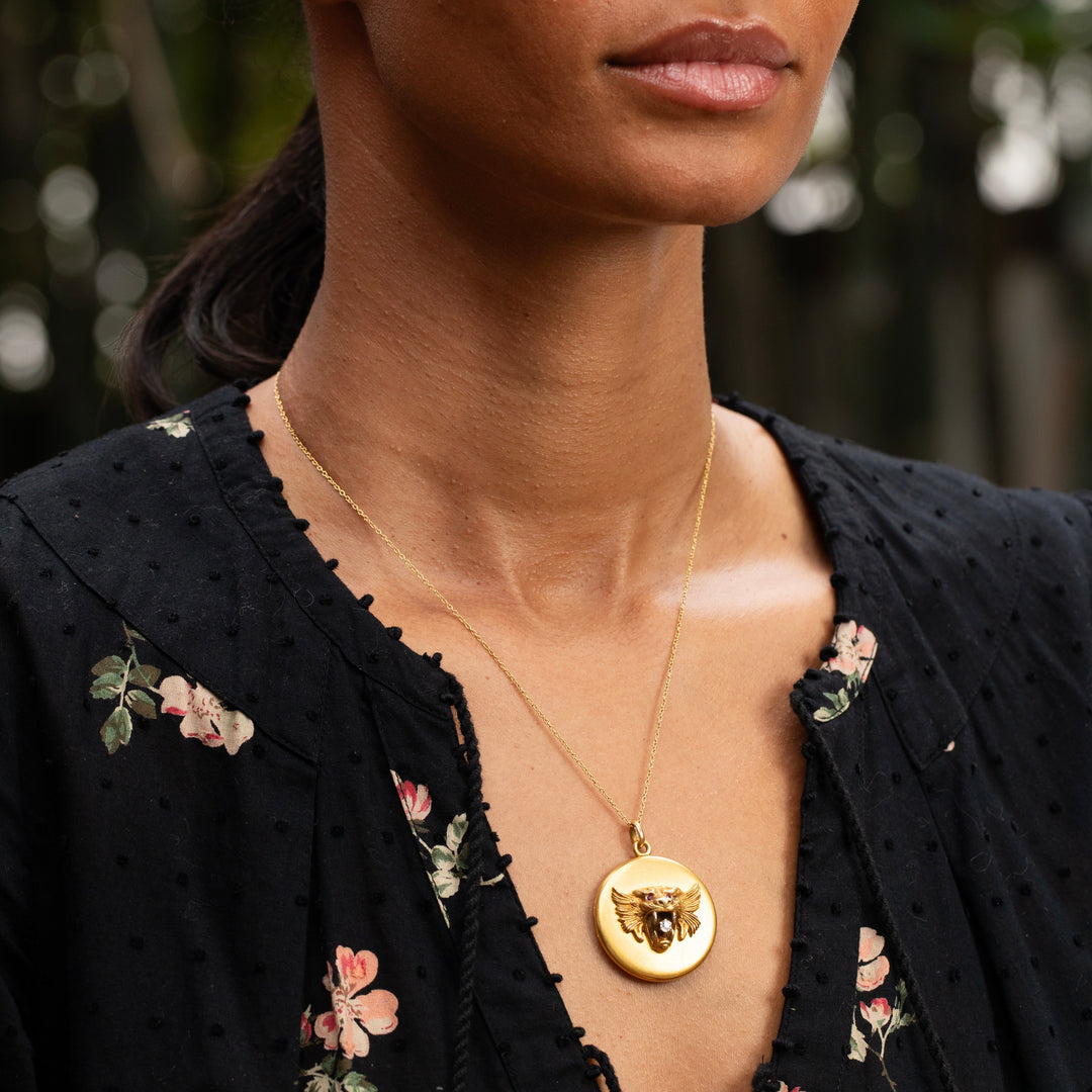 Victorian Lion's Head 14K Gold, Diamond, and Ruby Locket Necklace