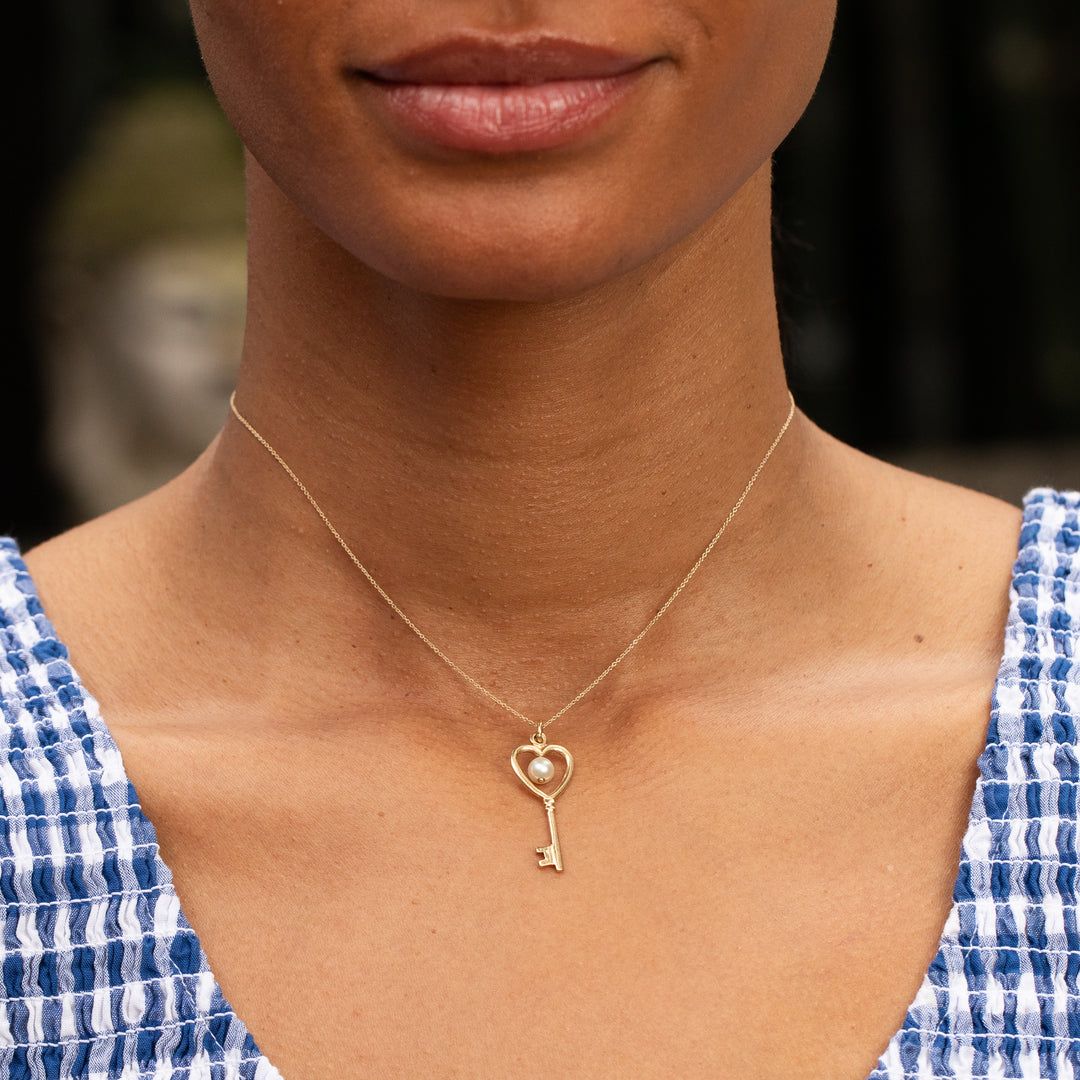Heart-Shaped 14K Gold And Pearl Key Charm