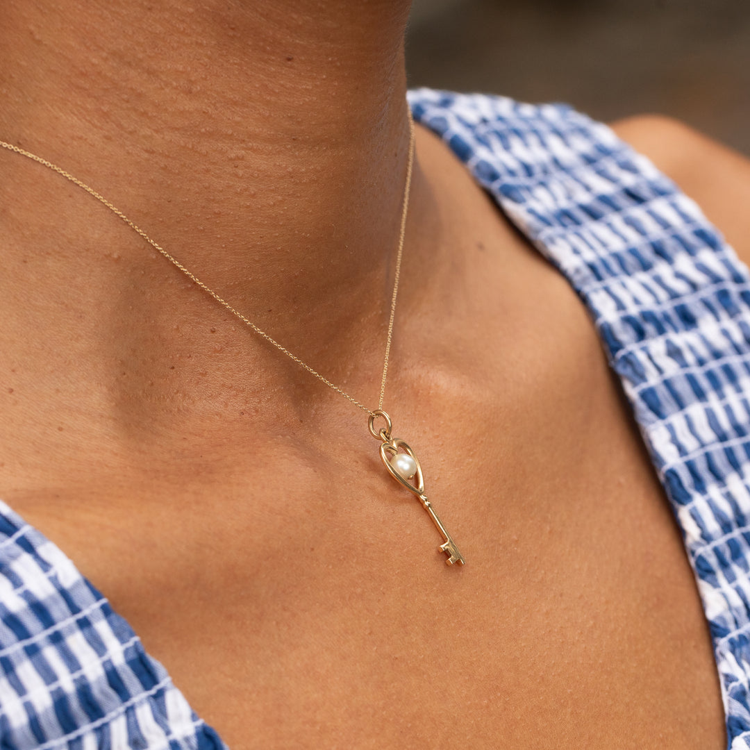 Heart-Shaped 14K Gold And Pearl Key Charm