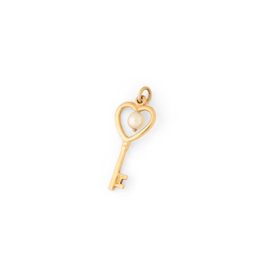 Heart-Shaped 14K Gold And Pearl Key Charm