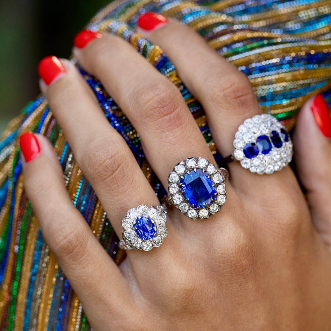 Large Sapphire, Diamond, Silver, and 14K Yellow Gold Cluster Ring