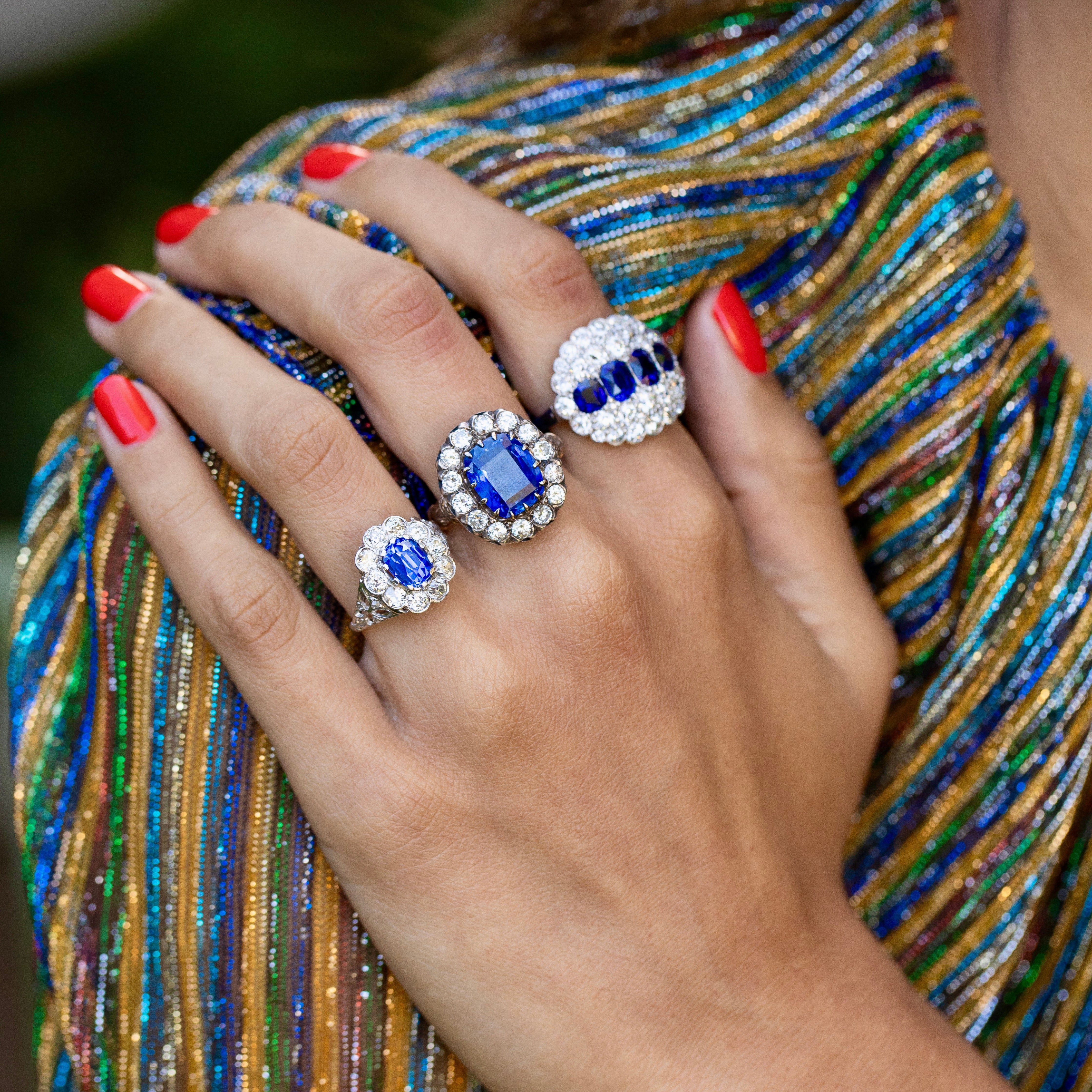 Edwardian Sapphire, Diamond, and Platinum Cluster Ring