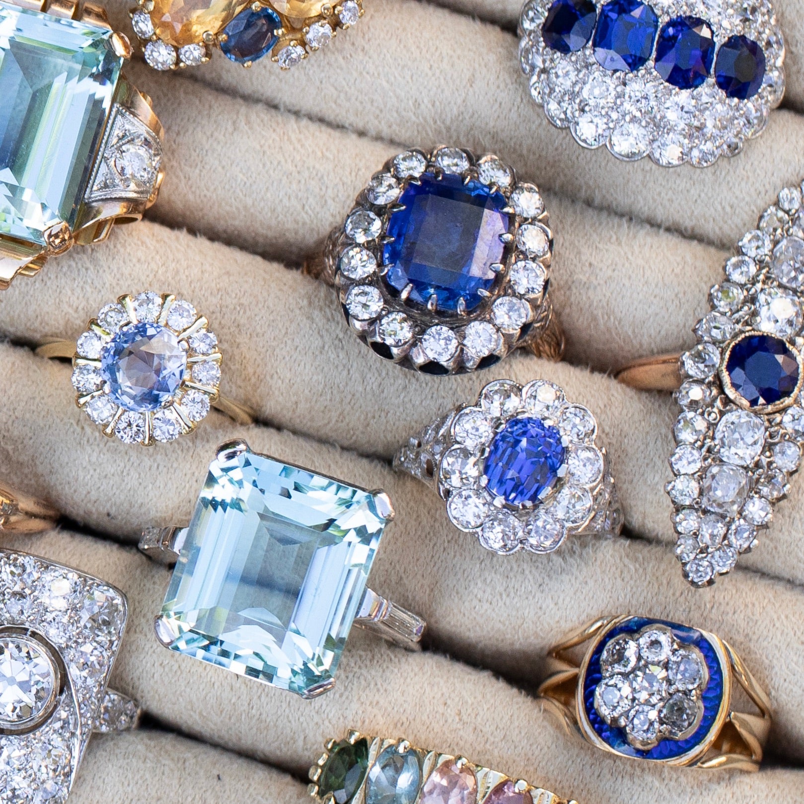 Edwardian Sapphire, Diamond, and Platinum Cluster Ring