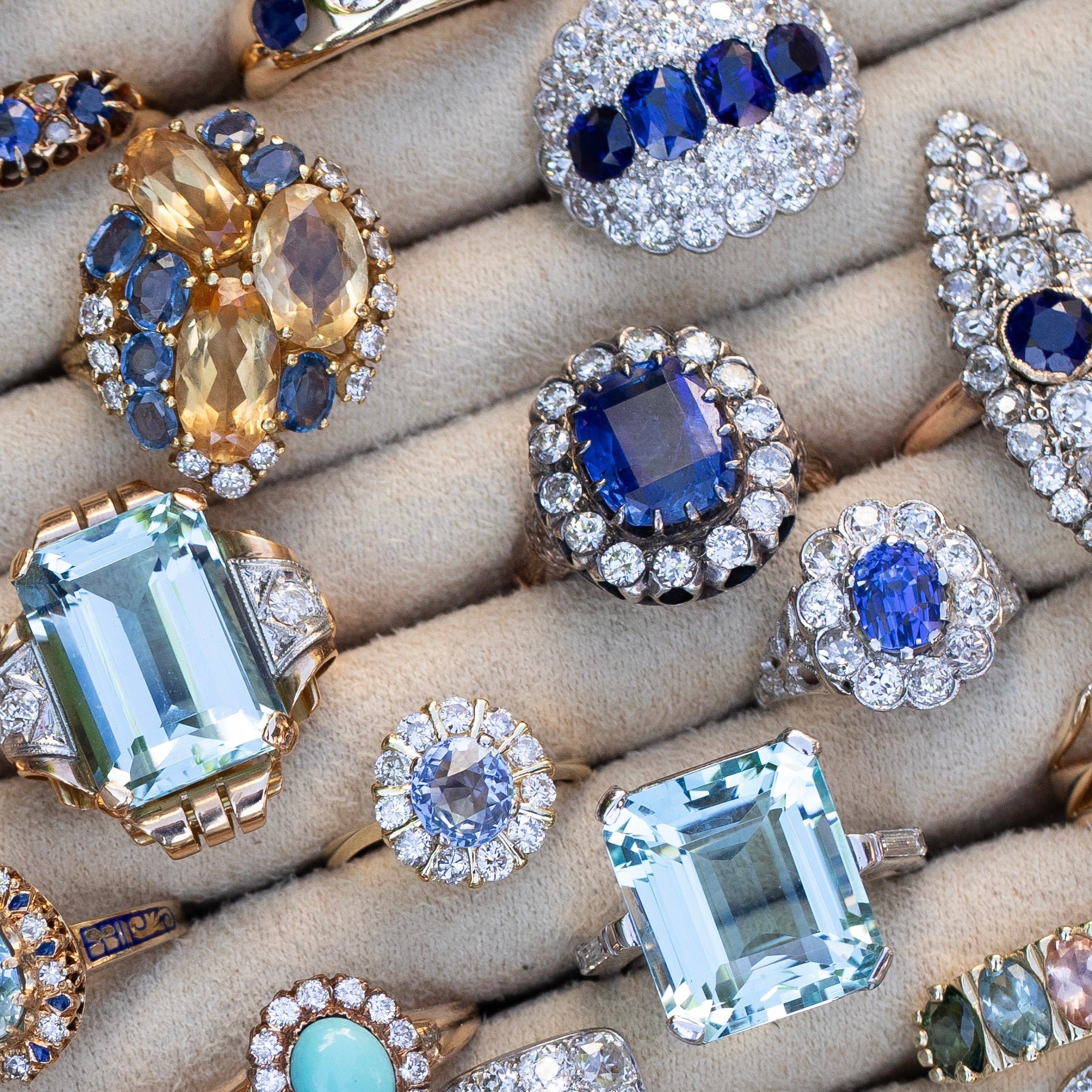 Large Sapphire, Diamond, Silver, and 14K Yellow Gold Cluster Ring