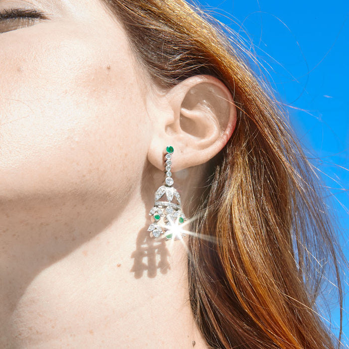 Diamond And Emerald Platinum Chandelier Earrings