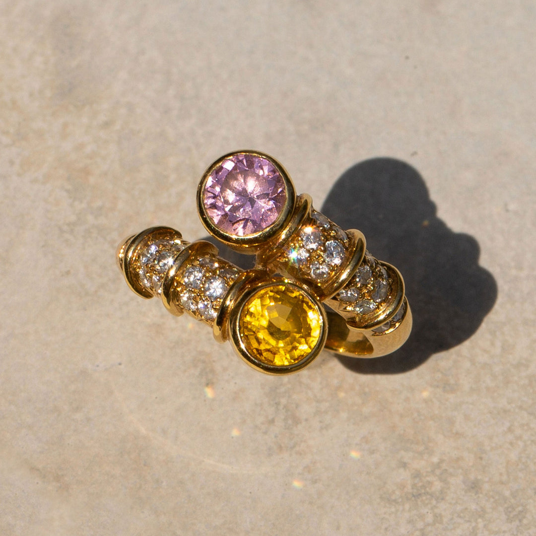 French Pink and Yellow Sapphire, Diamond, and 18k Gold Bypass Ring