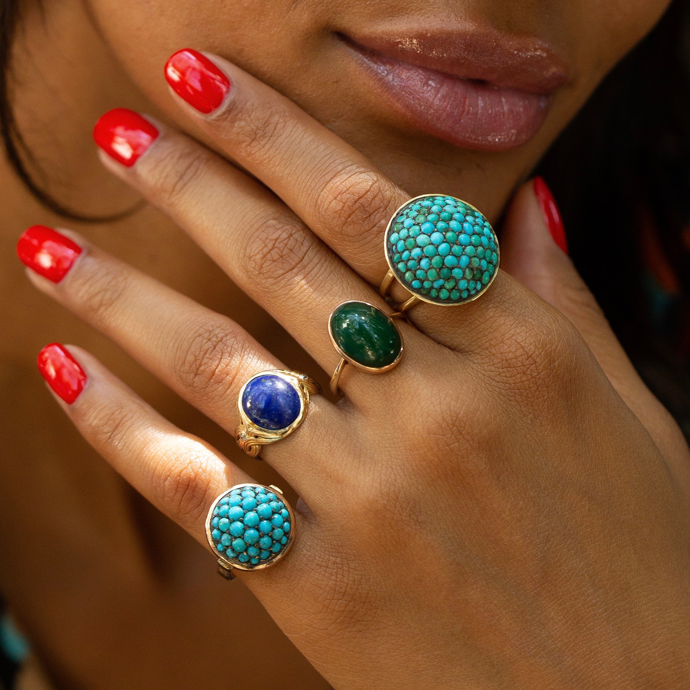 Victorian Large Turquoise Pavé, Silver, and 14k Gold Dome Ring