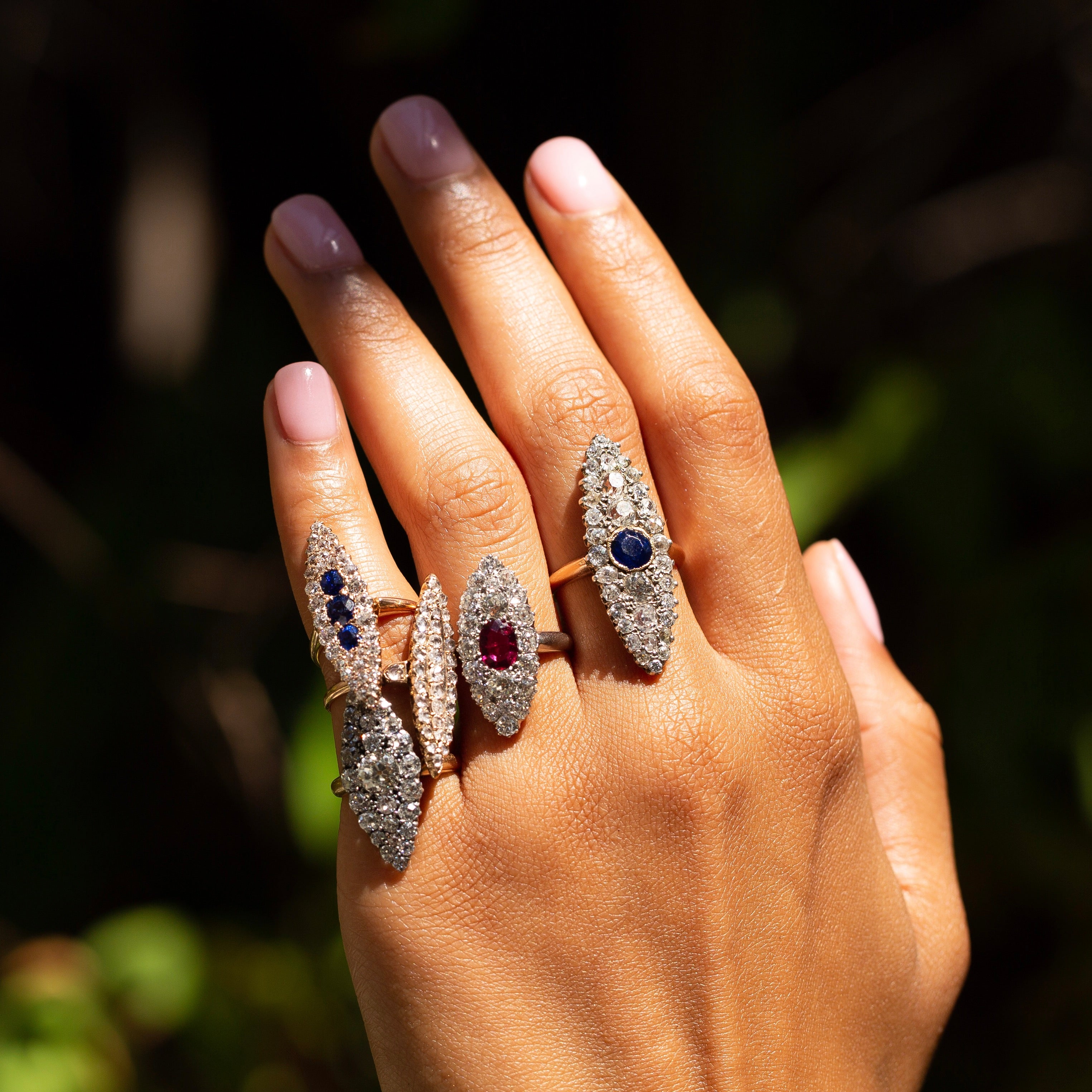 Old Mine Cut Diamond, Ruby, and 14K Gold Navette Ring