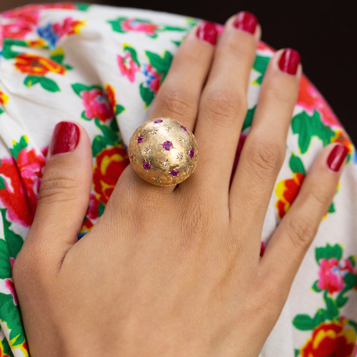 Large Retro Ruby, Diamond, and 14k Gold Starburst Dome Ring
