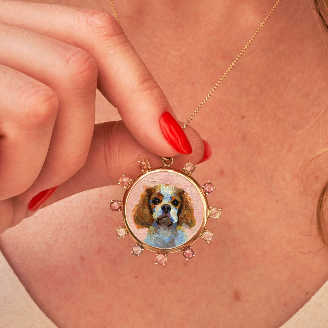 The F&B Custom Hand-Painted Pet Portrait Necklace With Rose Cut Sapphires