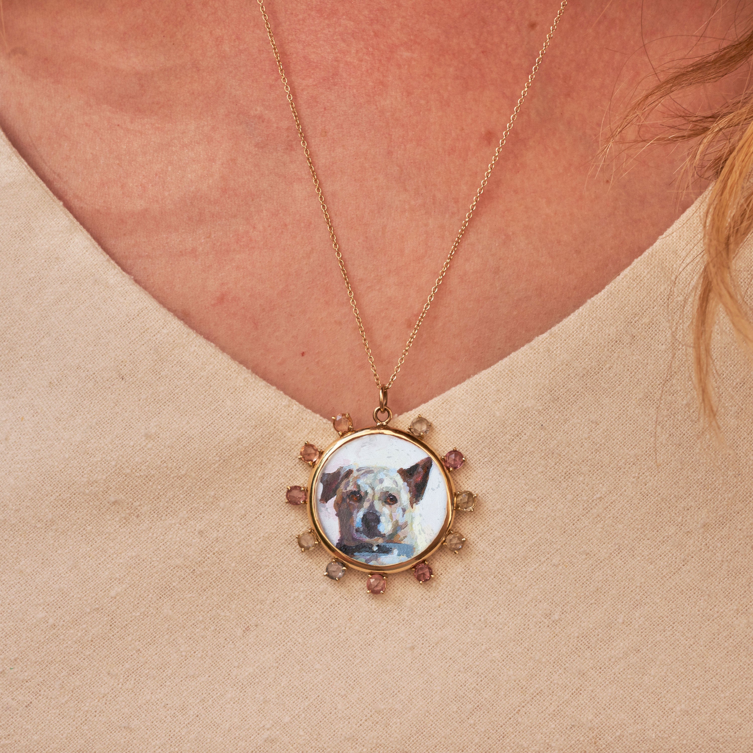 The F&B Custom Hand-Painted Pet Portrait Necklace With Rose Cut Sapphires