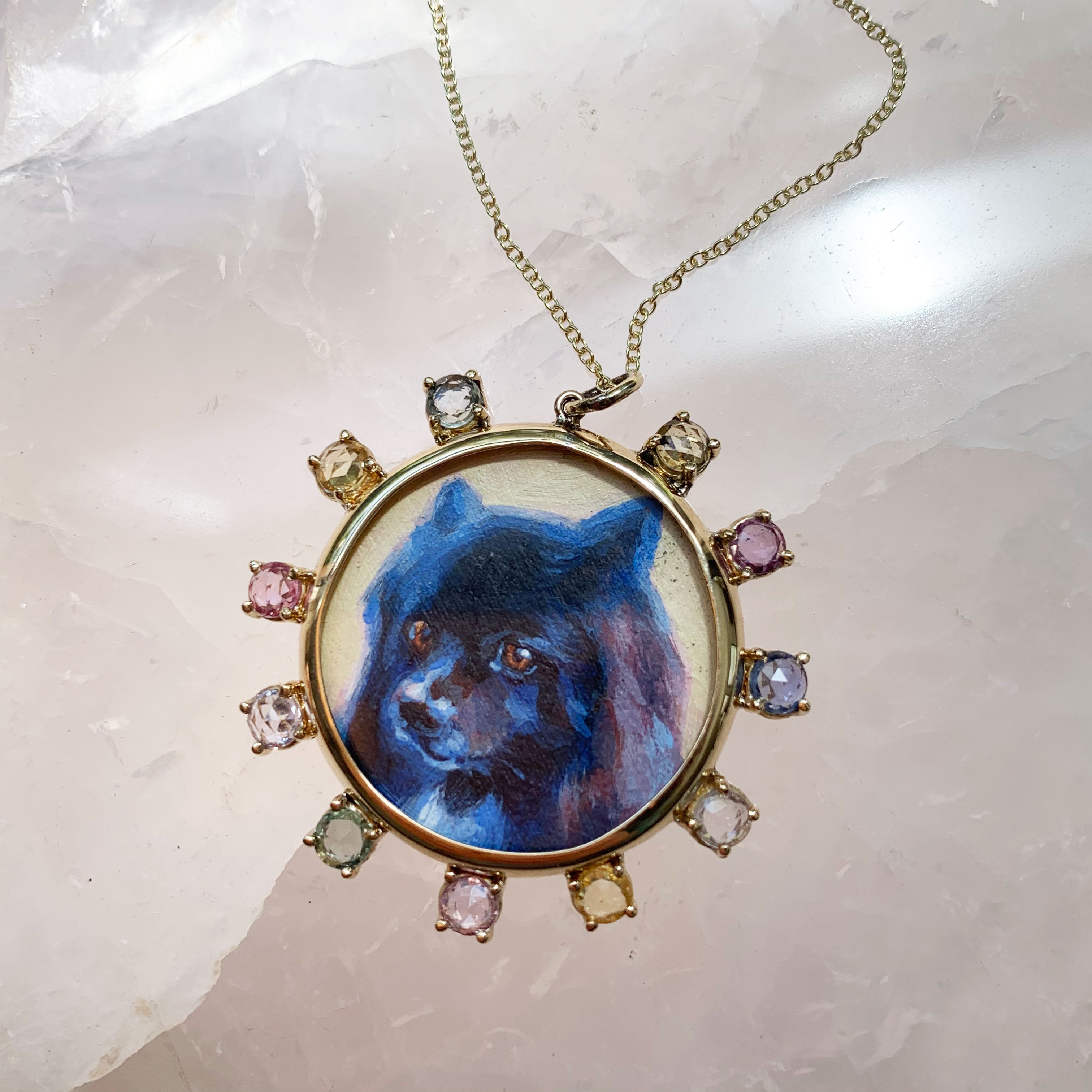 The F&B Custom Hand-Painted Pet Portrait Necklace With Rose Cut Sapphires