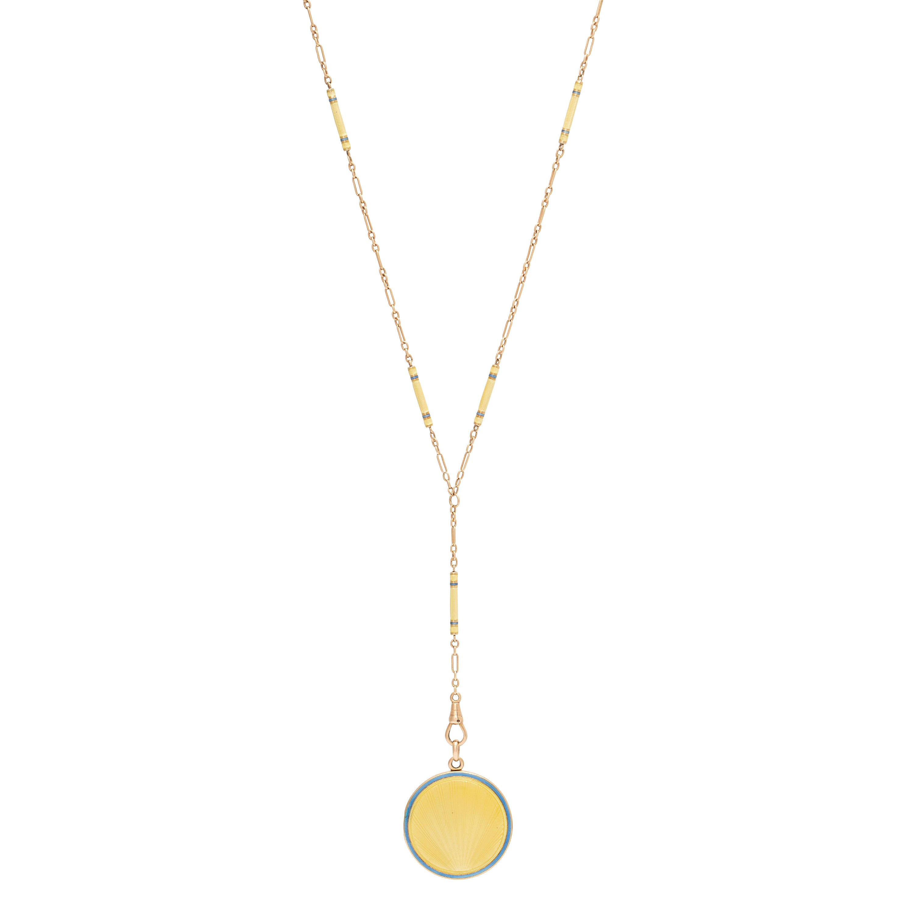 Art Deco "Sunrise" Guilloche Enamel 14k Gold Locket and Chain