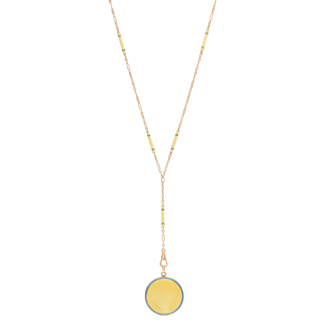 Art Deco "Sunrise" Guilloche Enamel 14k Gold Locket and Chain
