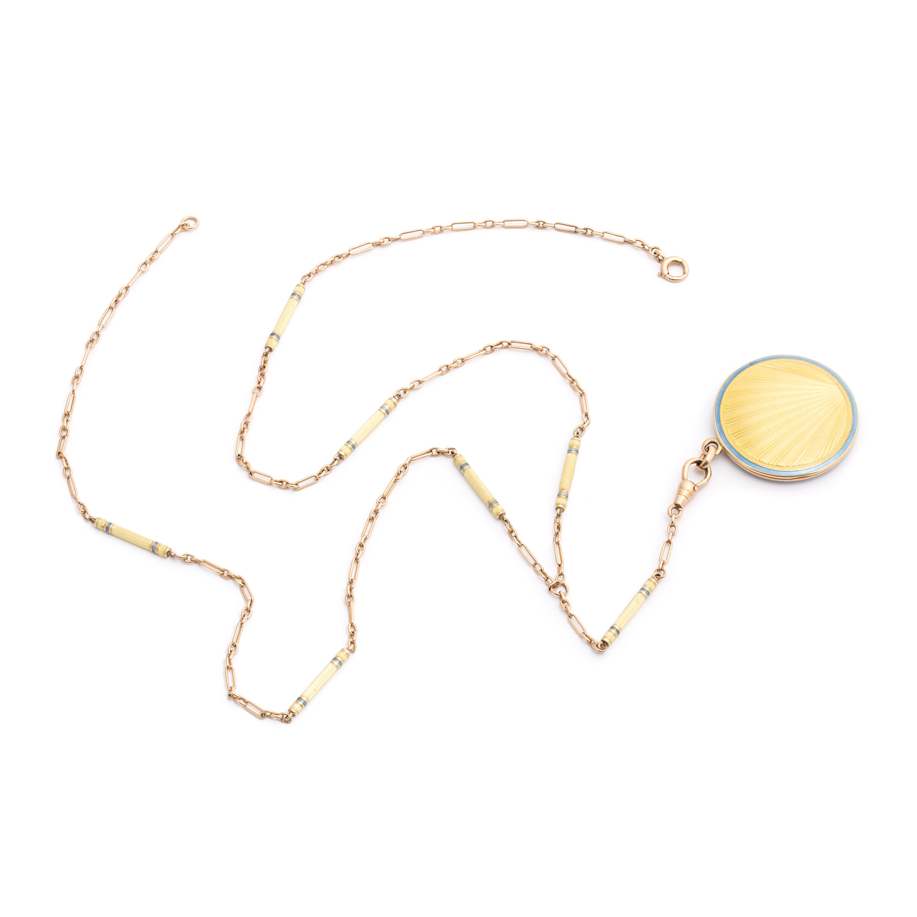 Art Deco "Sunrise" Guilloche Enamel 14k Gold Locket and Chain
