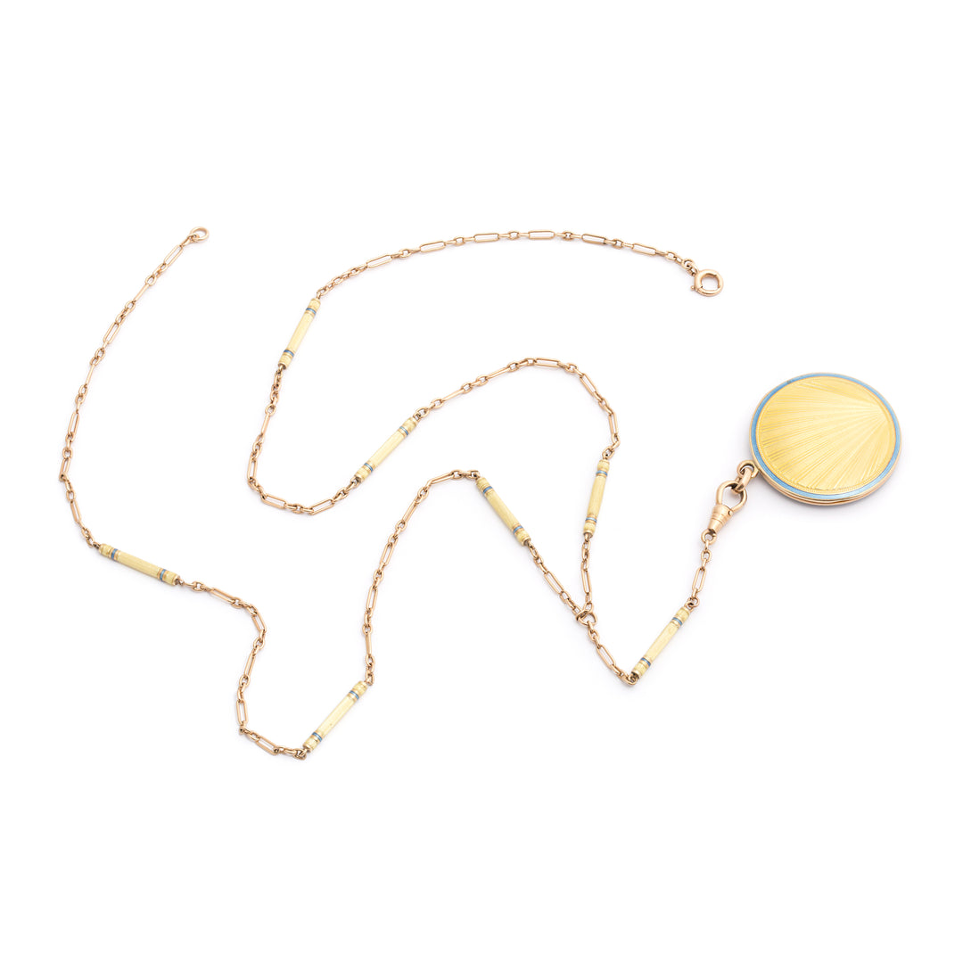 Art Deco "Sunrise" Guilloche Enamel 14k Gold Locket and Chain