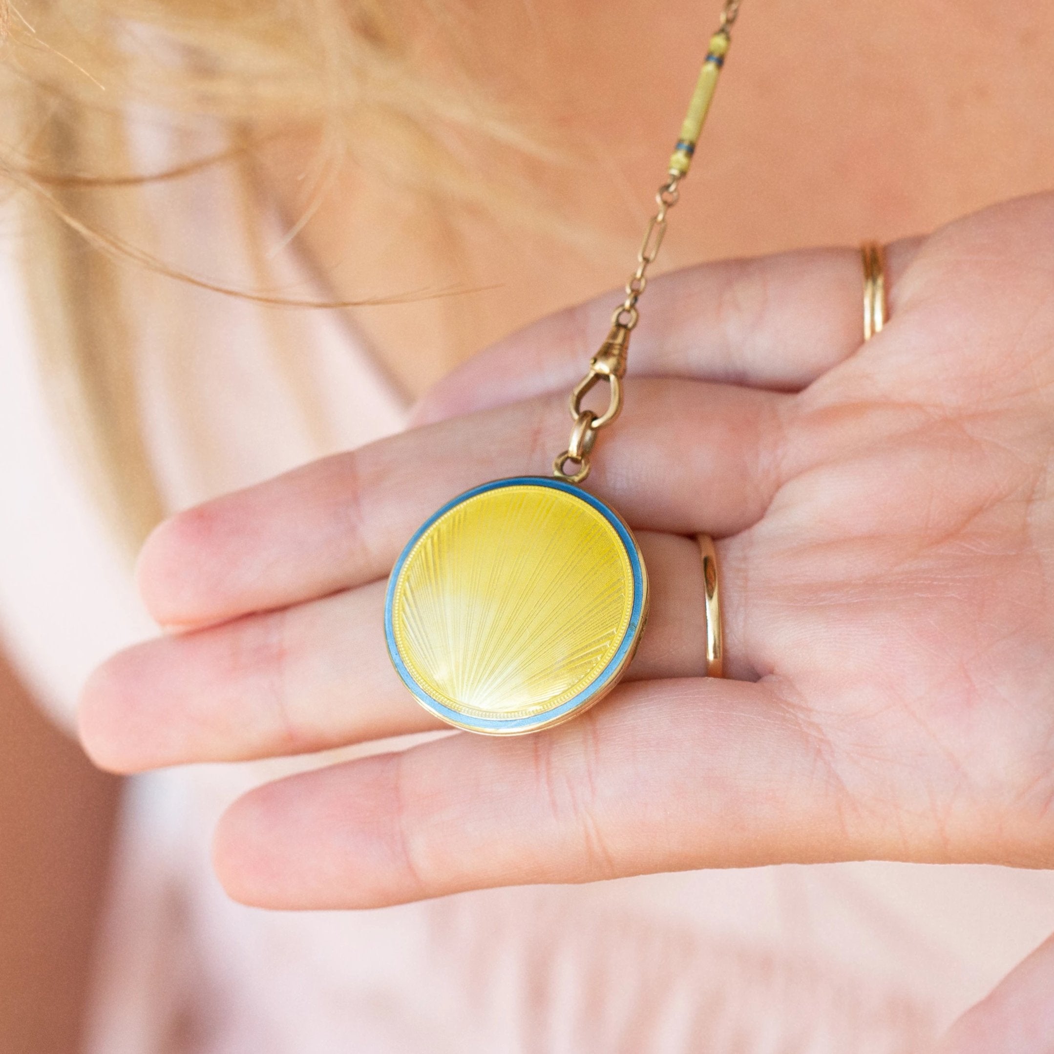 Art Deco "Sunrise" Guilloche Enamel 14k Gold Locket and Chain