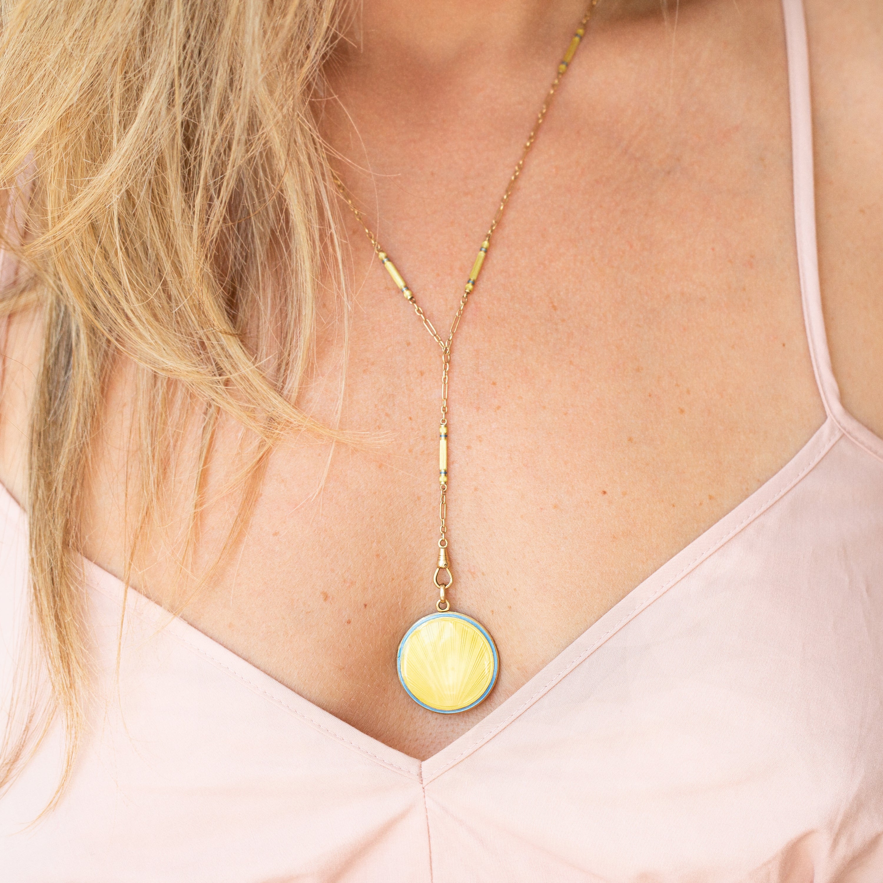 Art Deco "Sunrise" Guilloche Enamel 14k Gold Locket and Chain