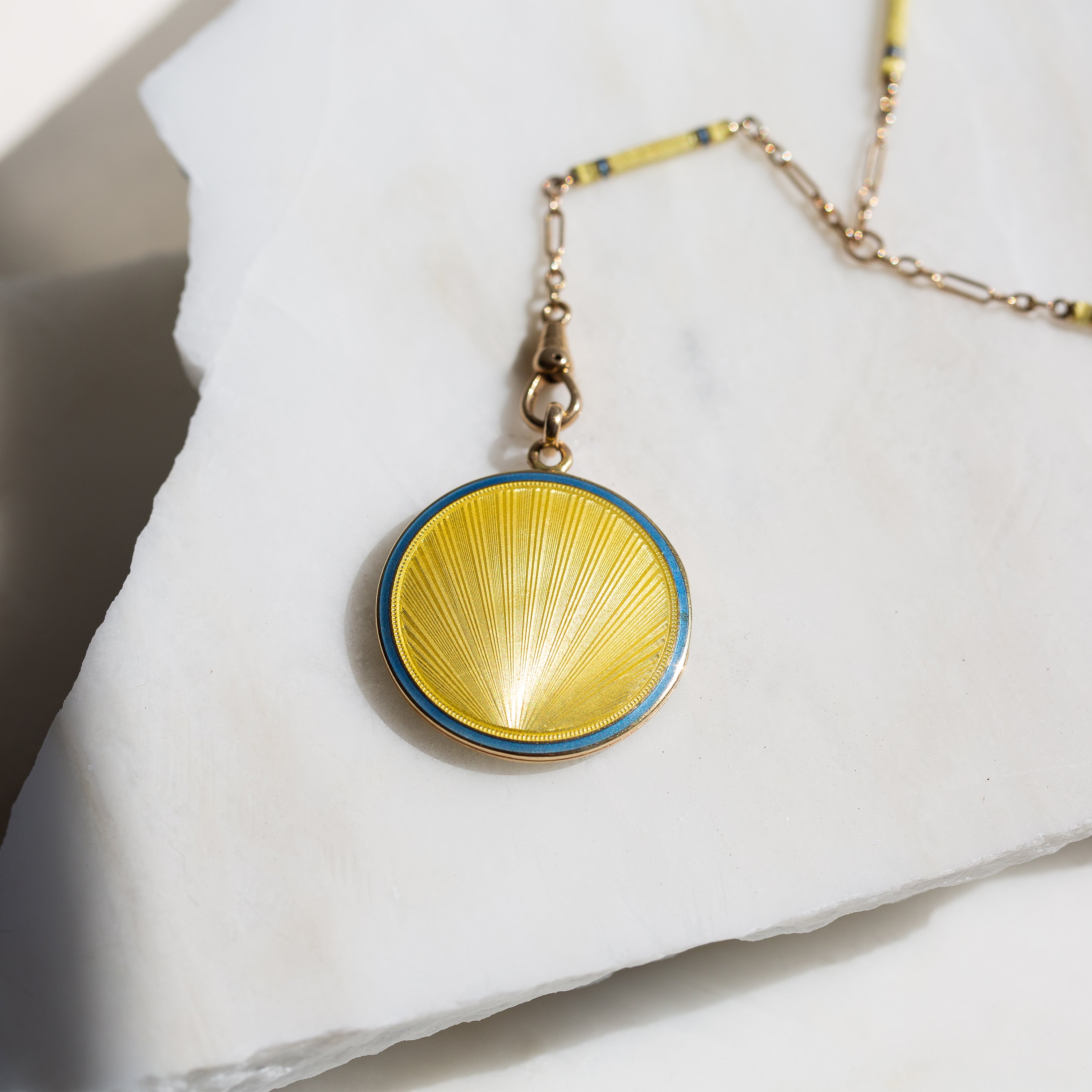 Art Deco "Sunrise" Guilloche Enamel 14k Gold Locket and Chain
