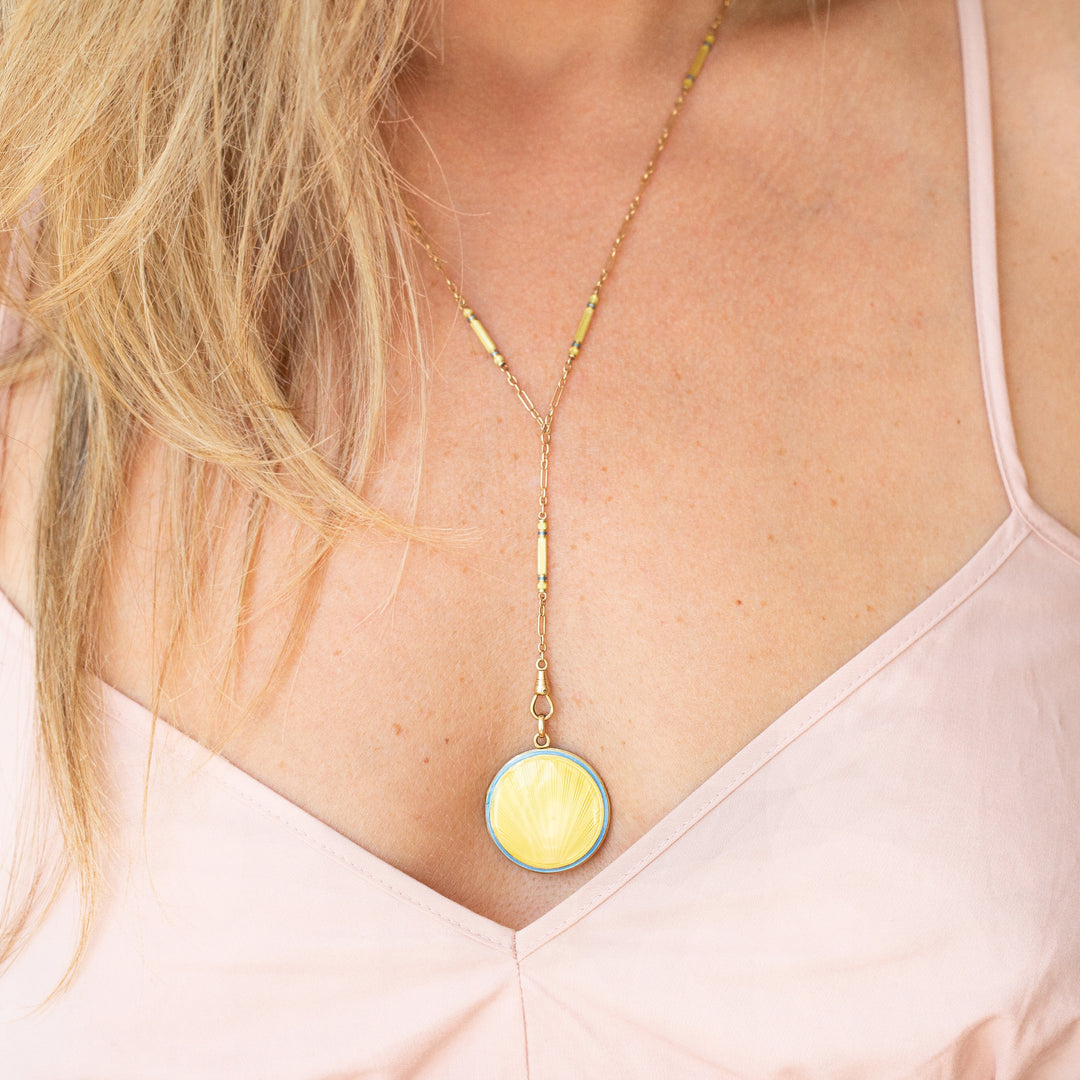 Art Deco "Sunrise" Guilloche Enamel 14k Gold Locket and Chain