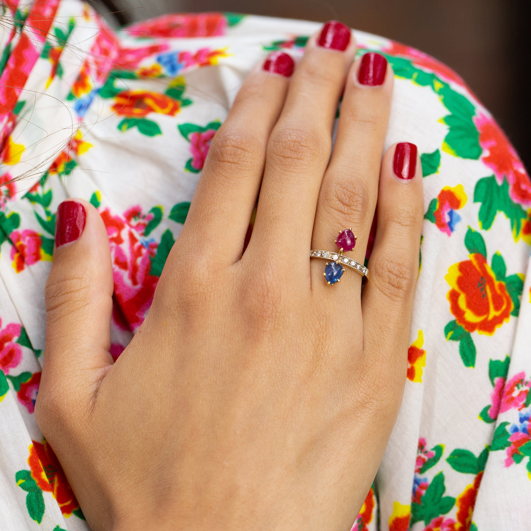 French Ruby and Sapphire Toi et Moi 18k Gold Ring